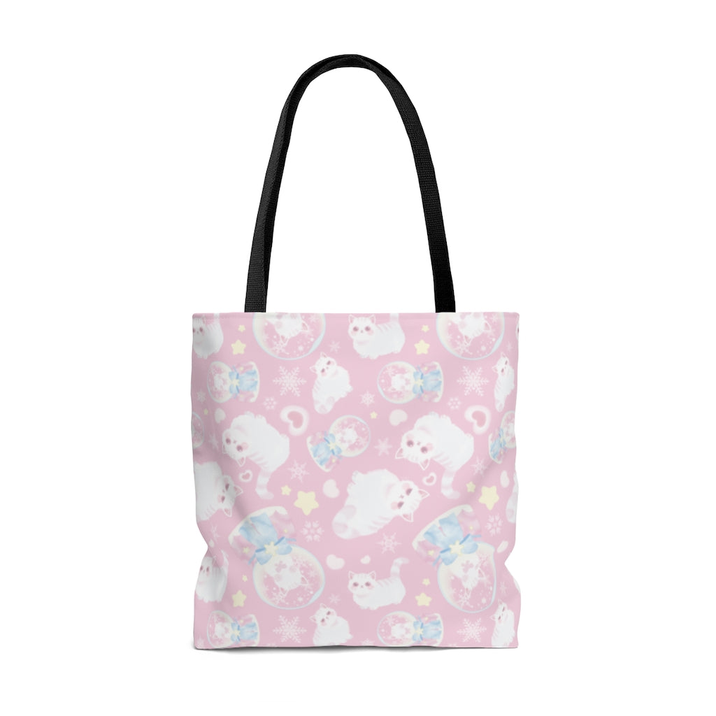 Cute Snow Kitten Tote Bag (Pink) features playful kittens, perfect for pastel outfits and everyday use.