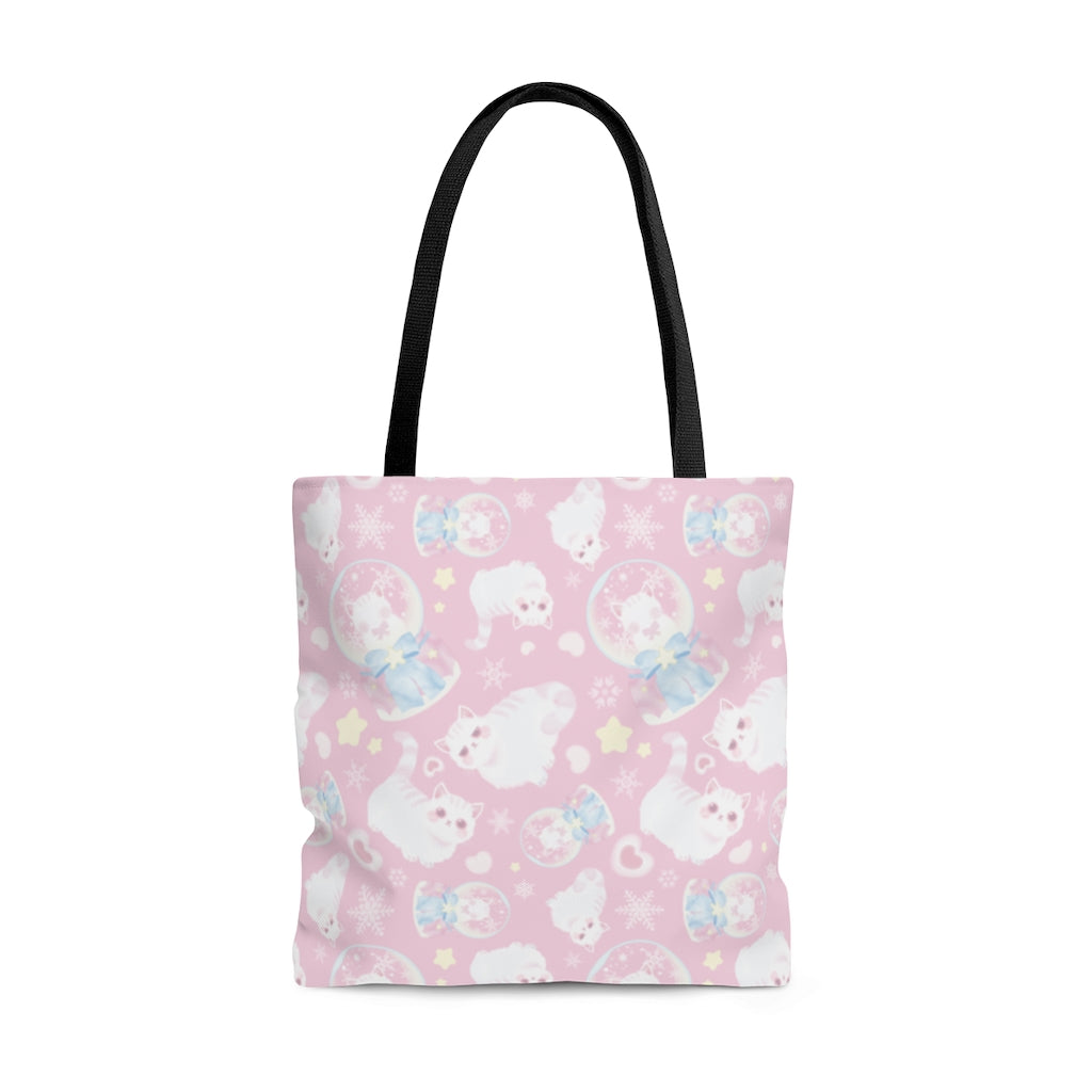 Charming Snow Kitten Tote Bag (Pink) featuring adorable kittens, perfect for pastel outfits and everyday use.