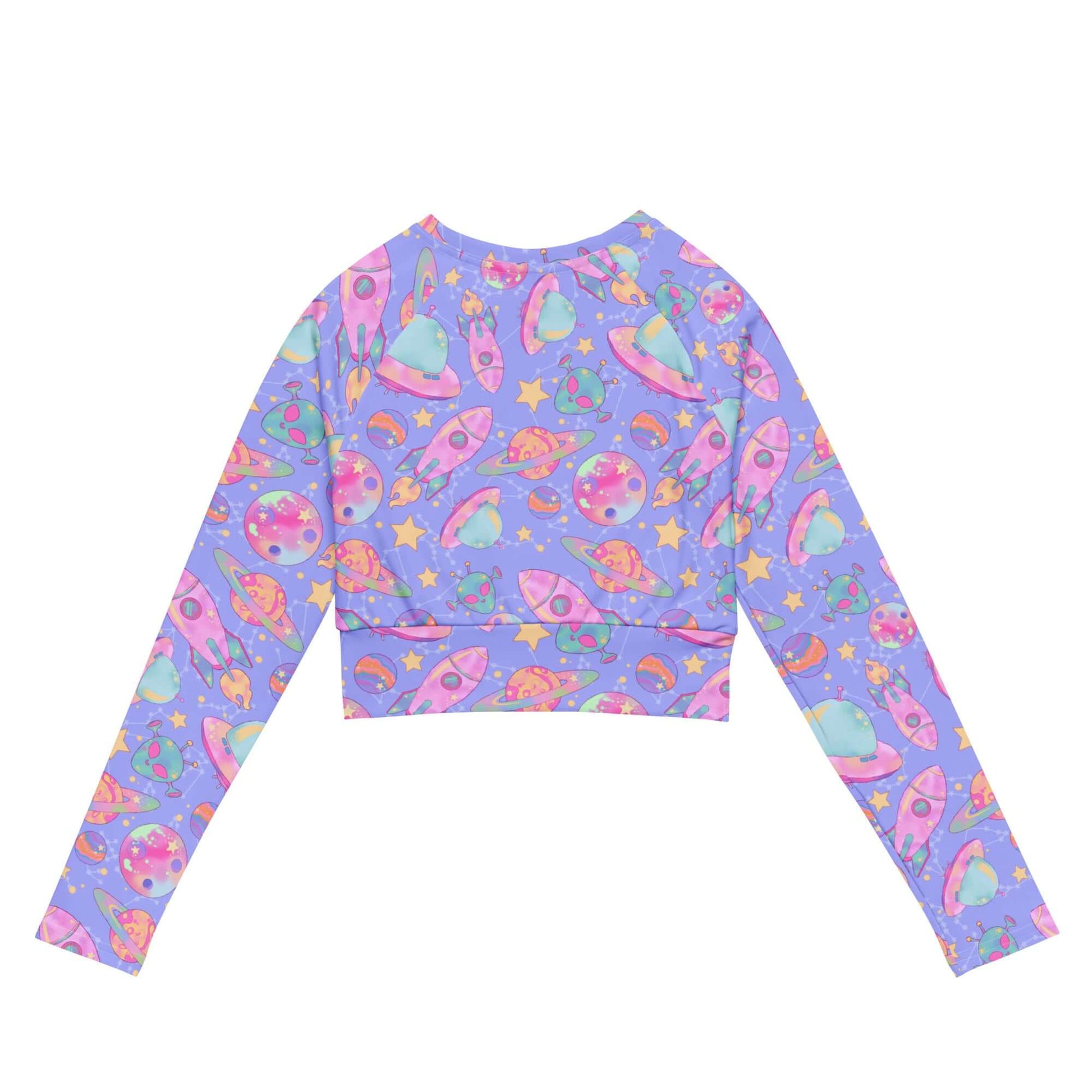 Colorful Space Long-sleeved Crop Top featuring a fun design, perfect for eco-friendly athleisure outfits.