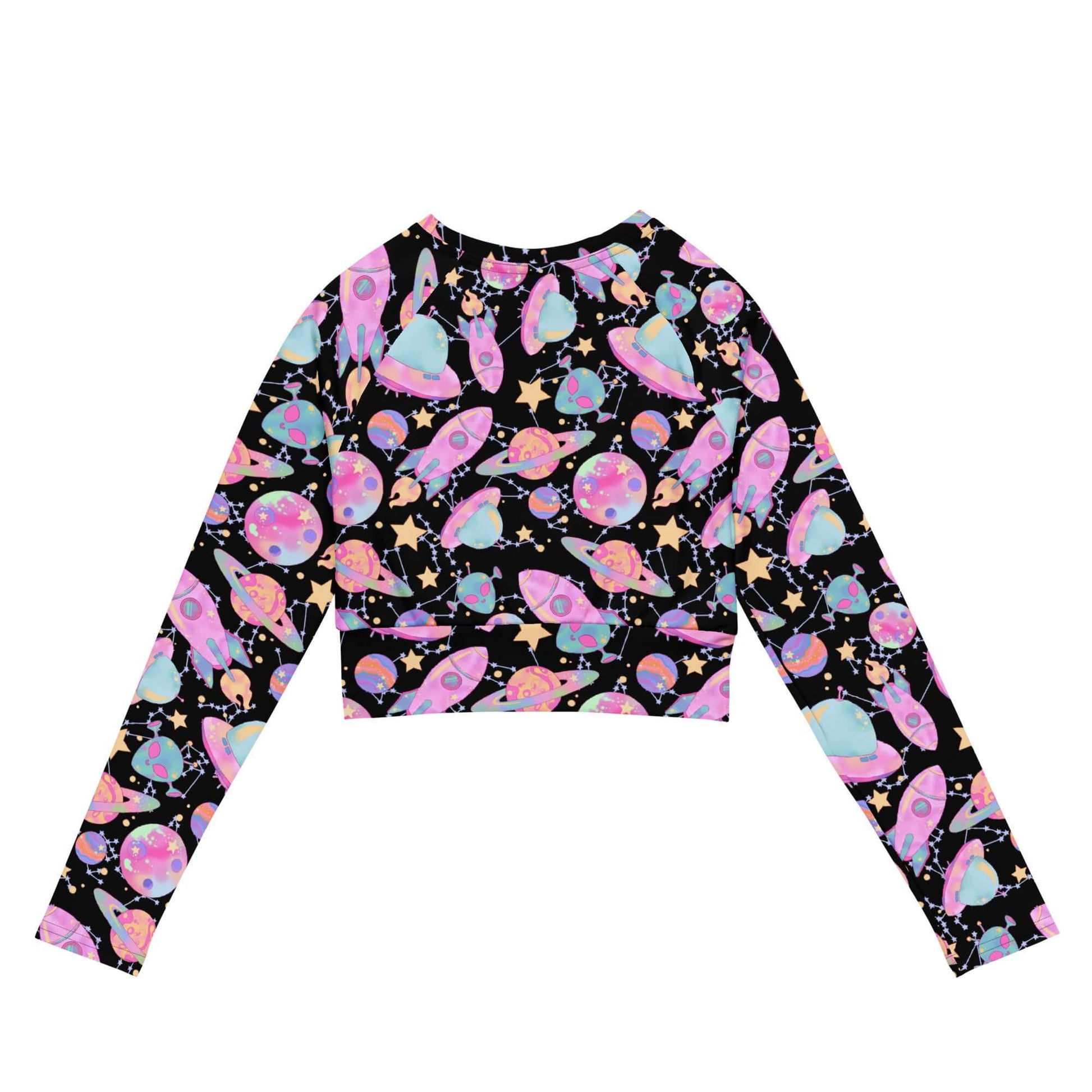 Colorful Space Long-sleeved Crop Top made from recycled materials, perfect for sports or casual athleisure looks.