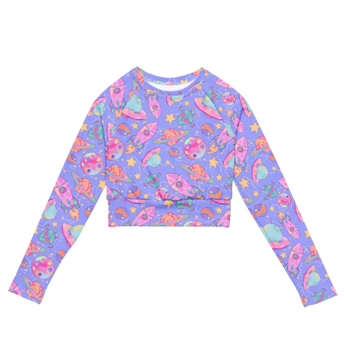 Colorful Space Long-sleeved Crop Top made from recycled materials, perfect for sports and athleisure. Eco-friendly style!