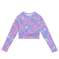 Colorful Space Long-sleeved Crop Top made from recycled materials, perfect for sports and athleisure. Eco-friendly style!
