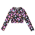 Colorful Space Long-sleeved Crop Top featuring recycled materials, perfect for athleisure and eco-friendly fashion.