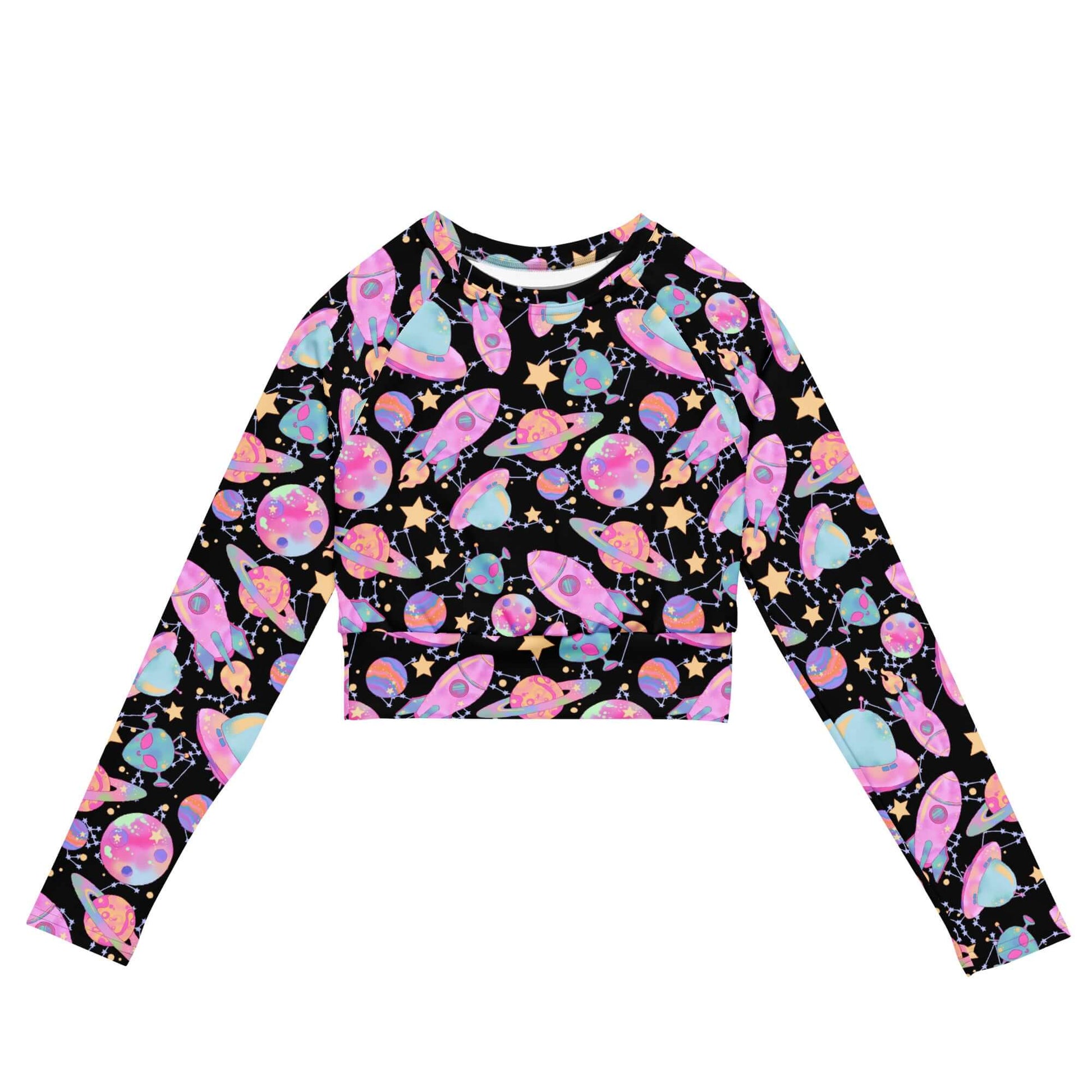 Colorful Space Long-sleeved Crop Top featuring recycled materials, perfect for athleisure and eco-friendly fashion.