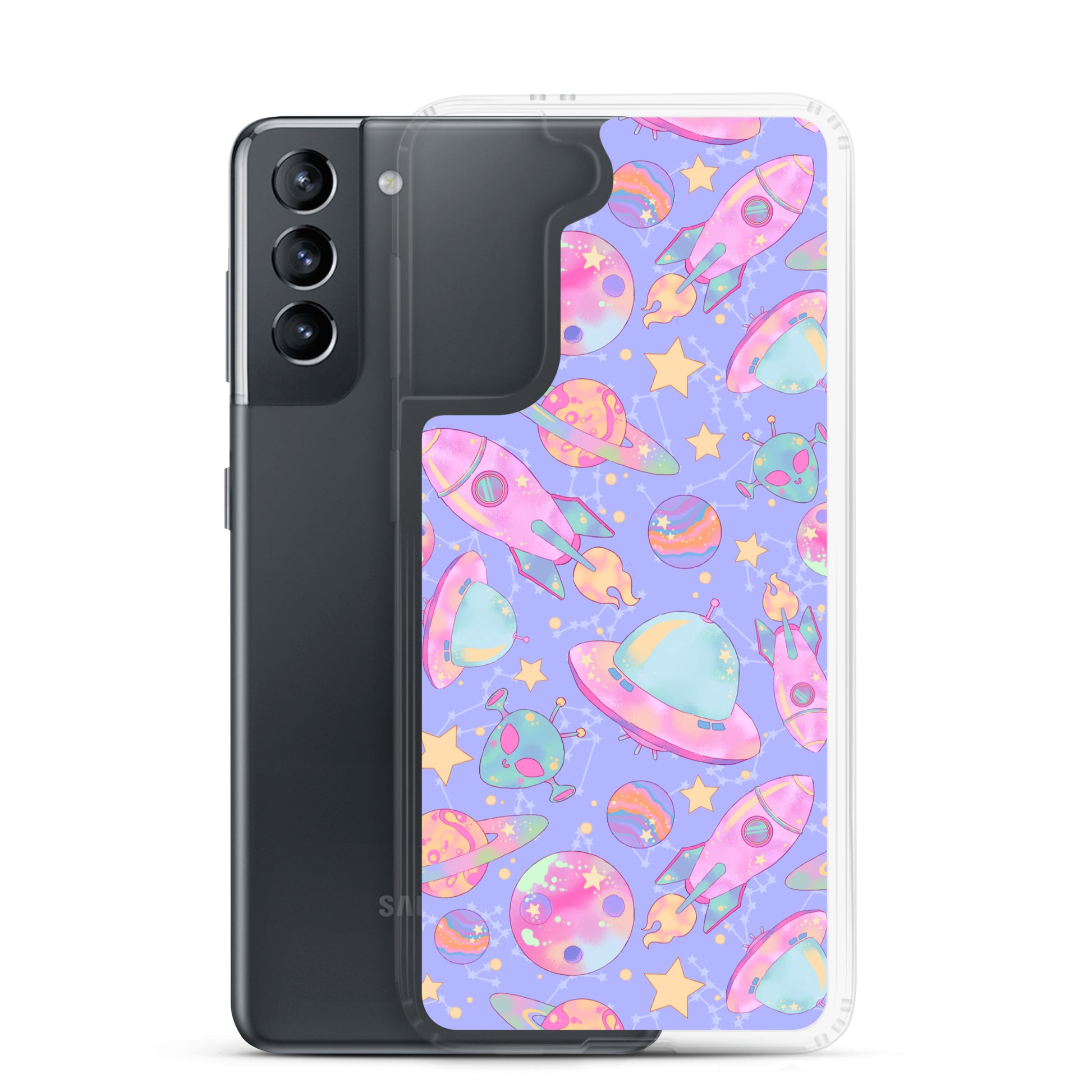 Sleek Space Samsung® Clear Case showcasing vibrant space print, perfect for protecting your Galaxy S21 in style.