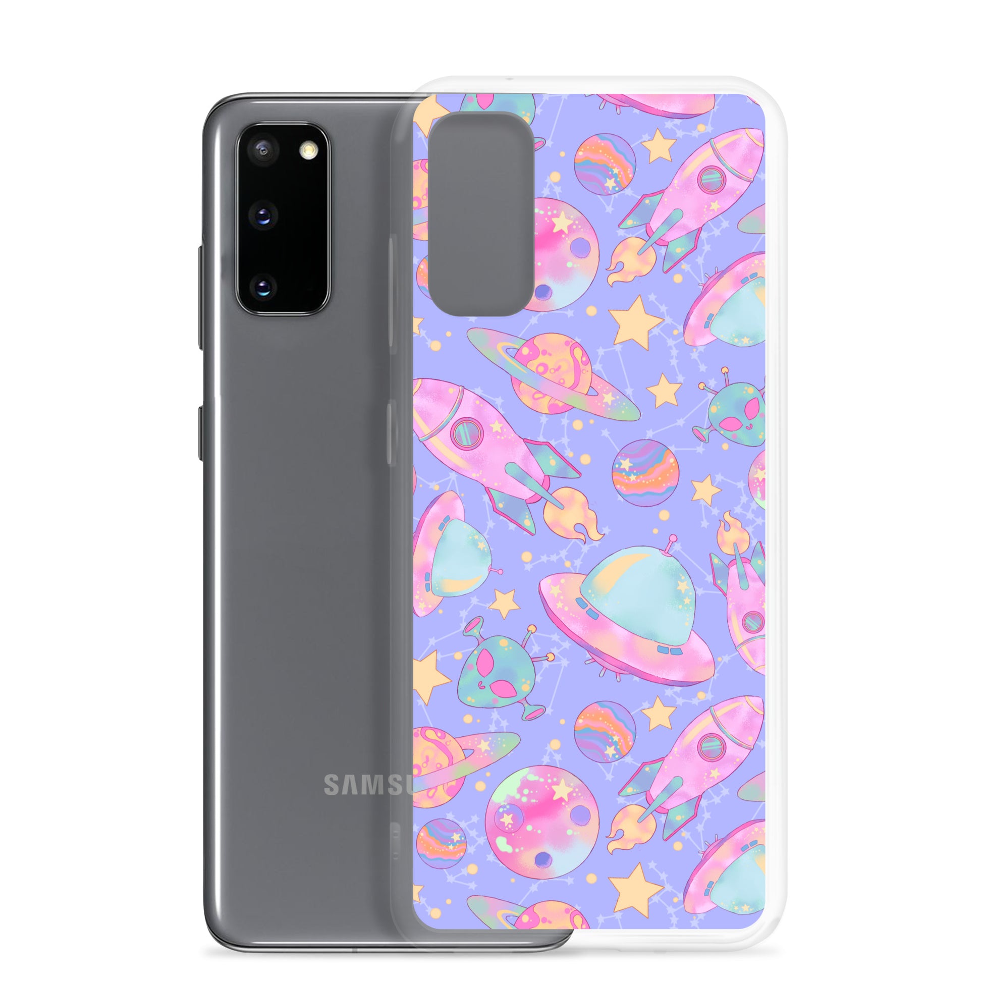 Sleek Space Samsung® Clear Case featuring vibrant space print, protecting phones from dust and scratches.