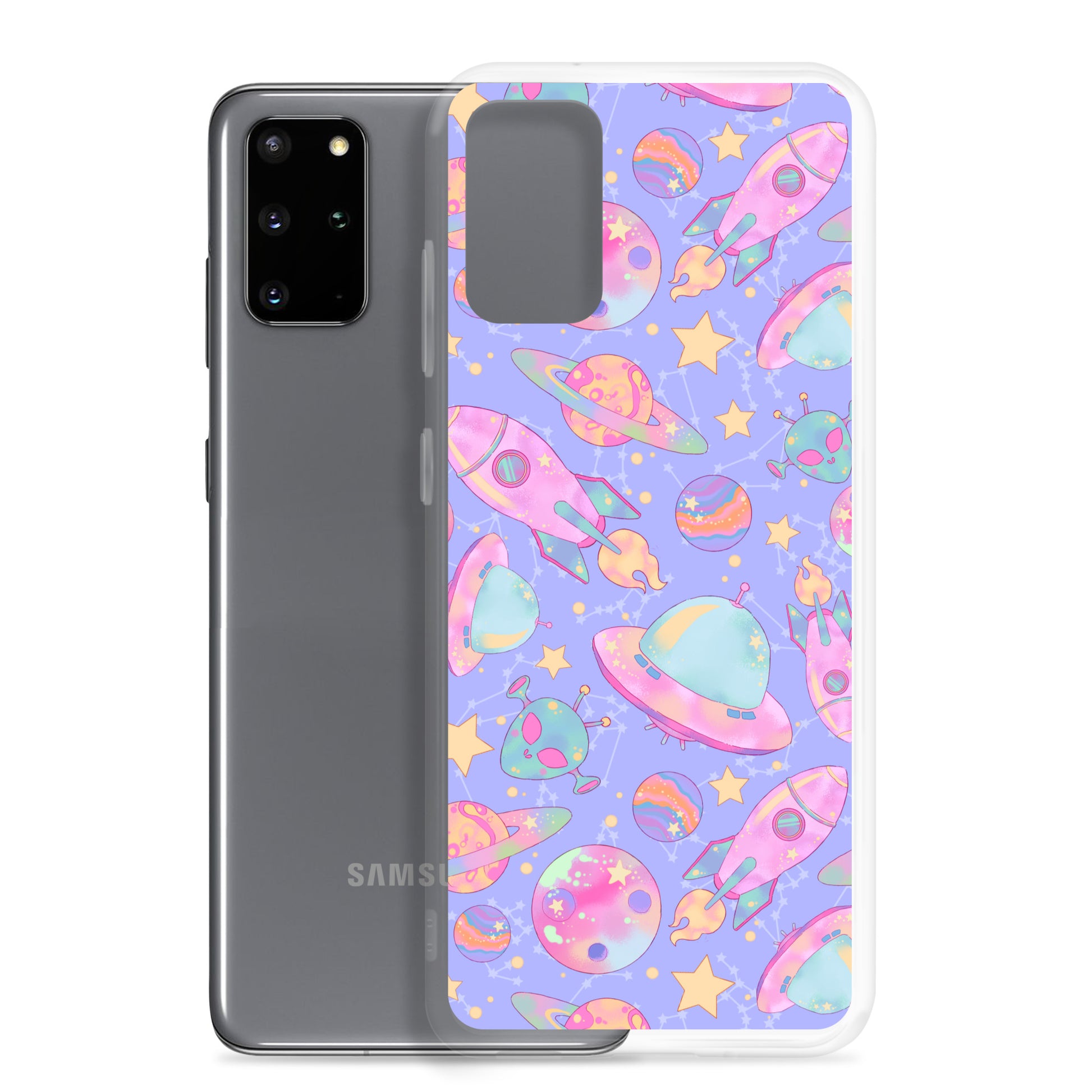 Stylish Space Samsung® Clear Case with vibrant space print, protecting your phone from scratches and dirt.