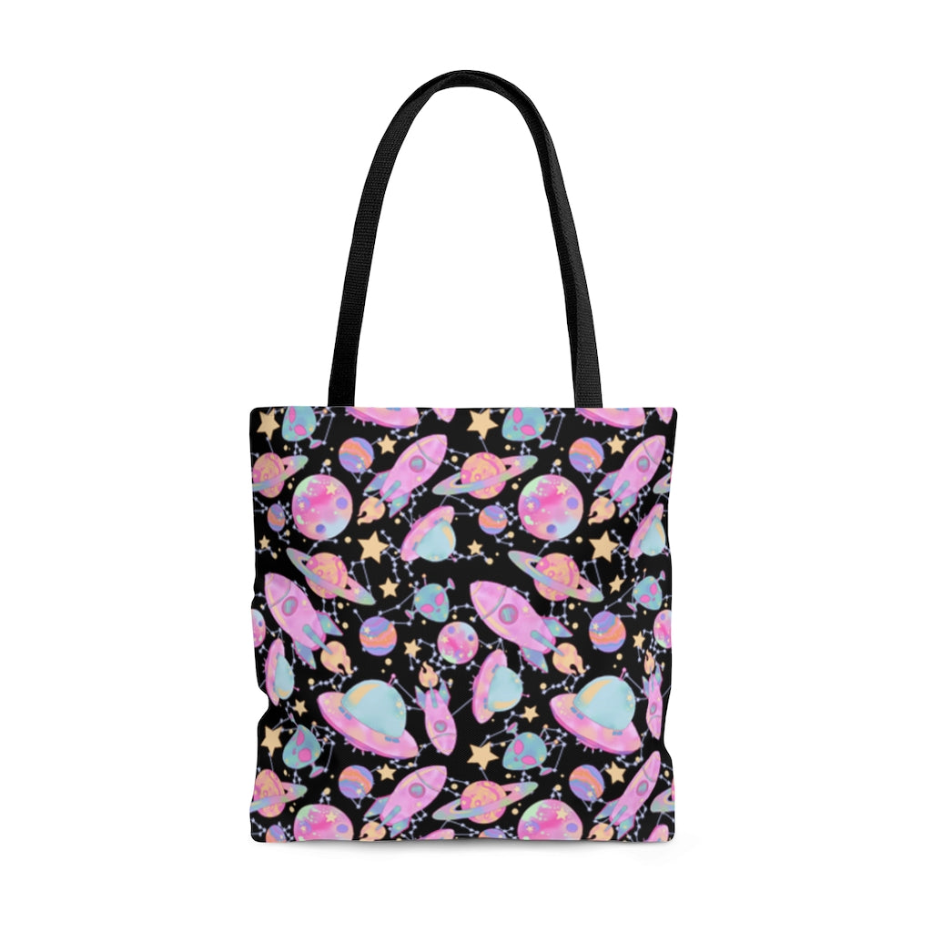 Stylish Space Tote Bag (Black) featuring a vibrant space print, perfect for gym, beach, or travel. Durable and lightweight.