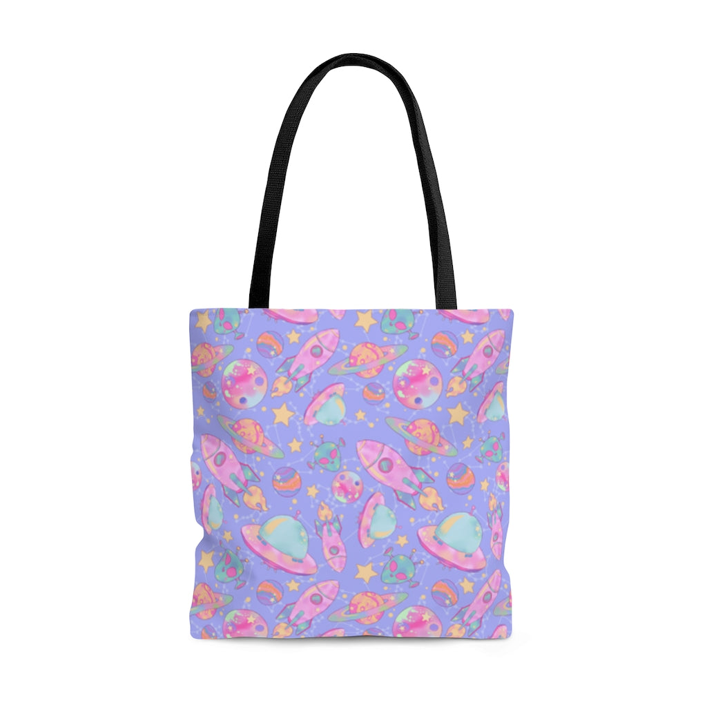 Stylish Space Tote Bag (Purple) features a vibrant cosmic design, perfect for gym or beach outings.