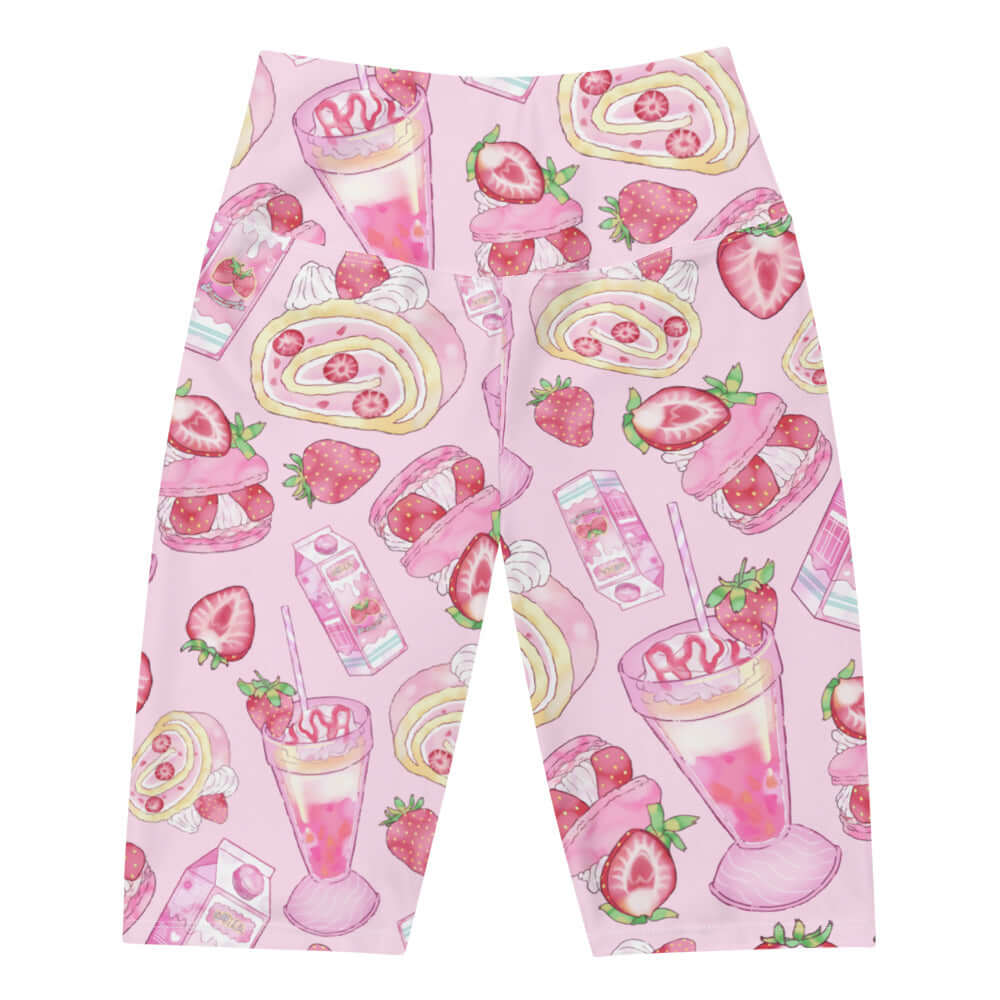 High-waisted Strawberry Biker Shorts in pink, featuring a cute fruit print for comfort and style. Perfect for all occasions!