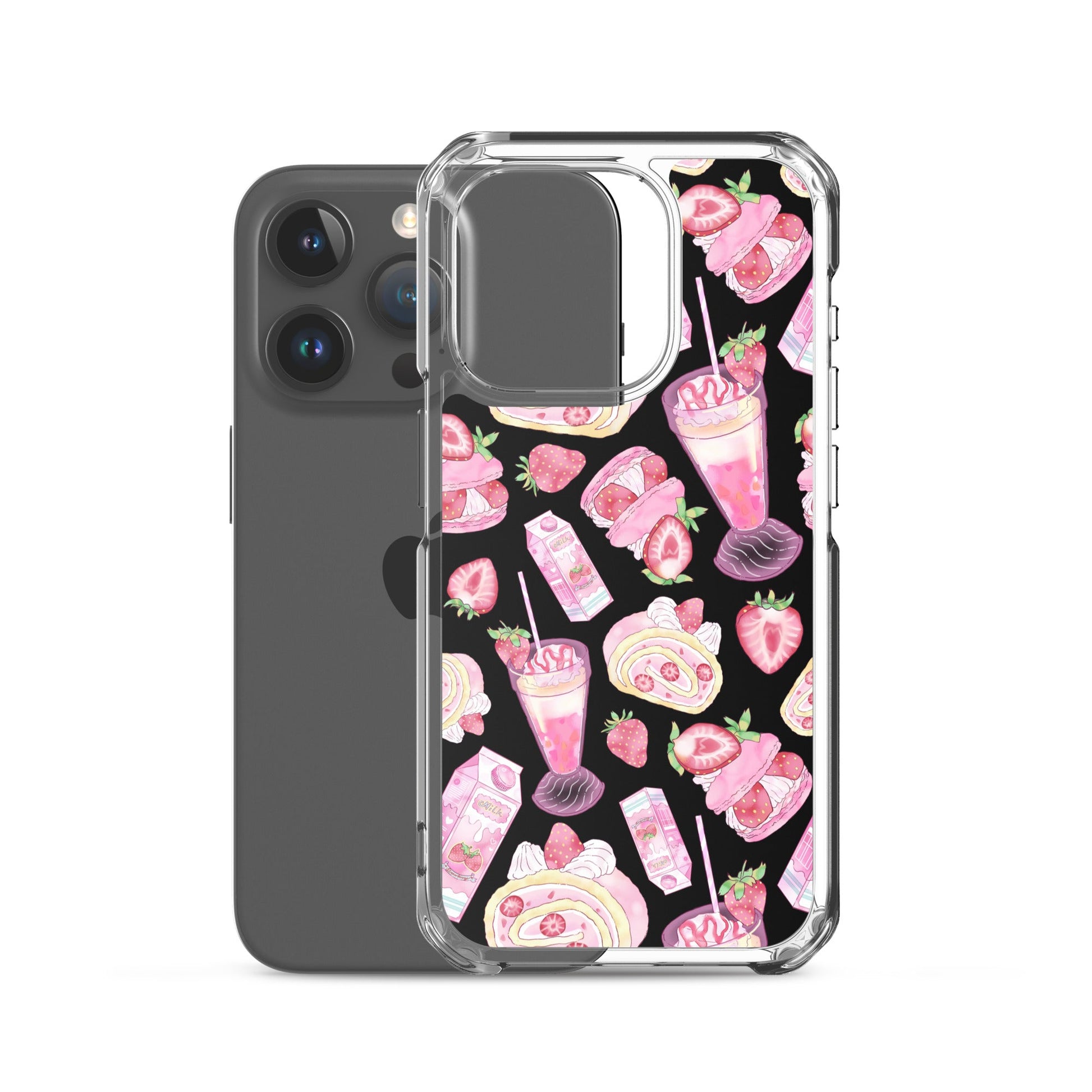 Stylish Strawberry iPhone® Clear Case featuring cute dessert designs in pink and black, perfect for dessert lovers.