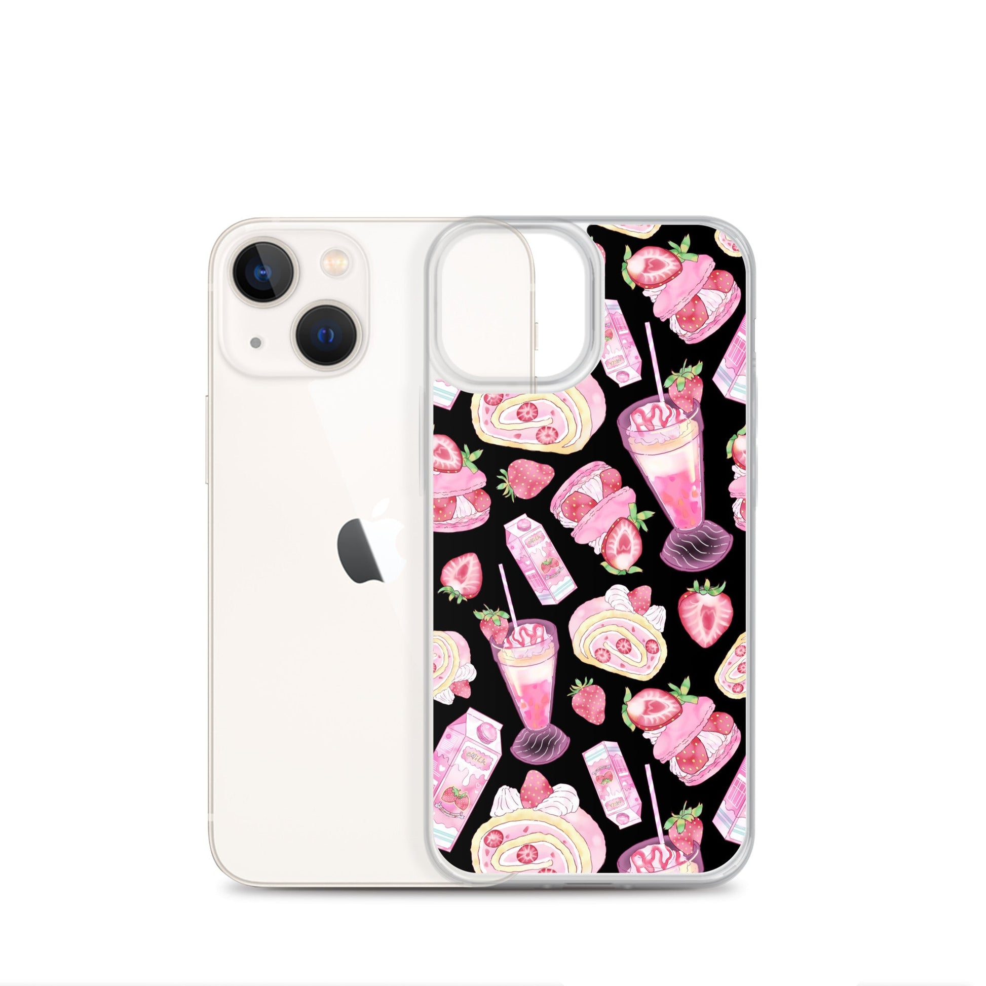 Colorful Strawberry iPhone® Clear Case featuring dessert patterns, perfect for protecting your phone stylishly.