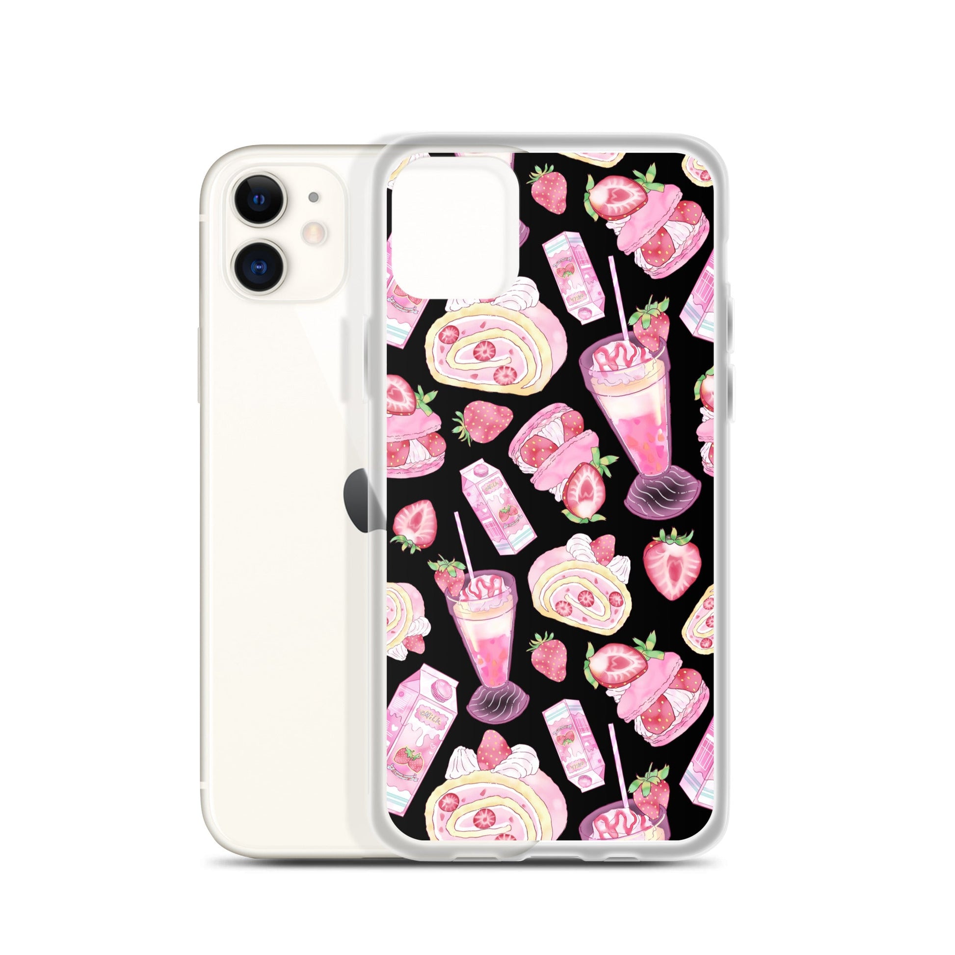 Sleek Strawberry iPhone® Clear Case featuring dessert patterns, perfect for style and protection from daily wear.