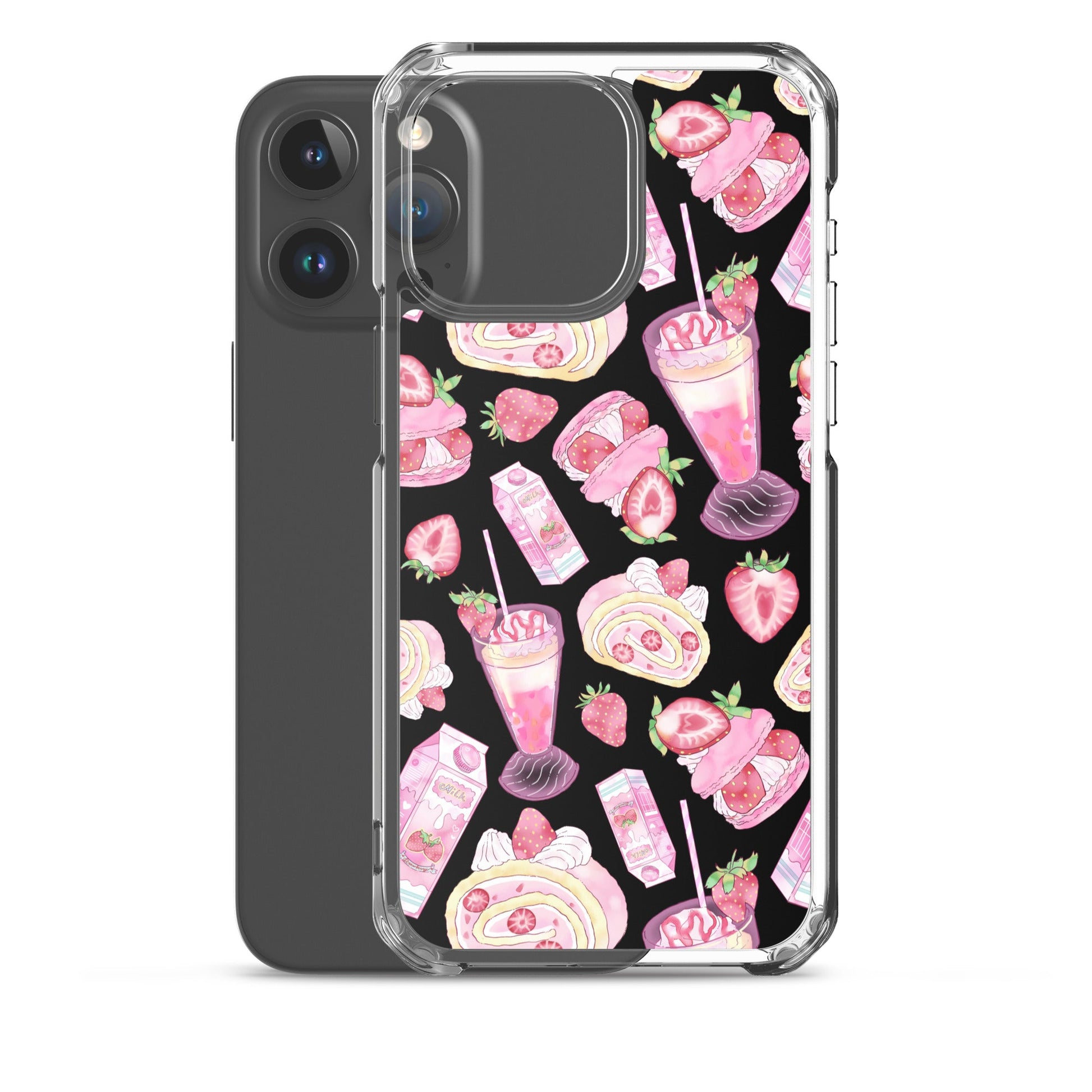 Stylish Strawberry iPhone® Clear Case featuring a dessert pattern, perfect for protecting your phone while flaunting fun.