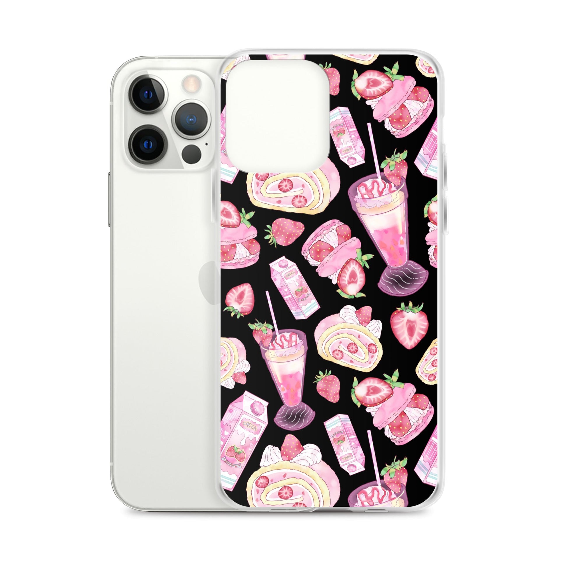 Stylish Strawberry iPhone® Clear Case showcasing dessert patterns, perfect for protecting your phone in style.
