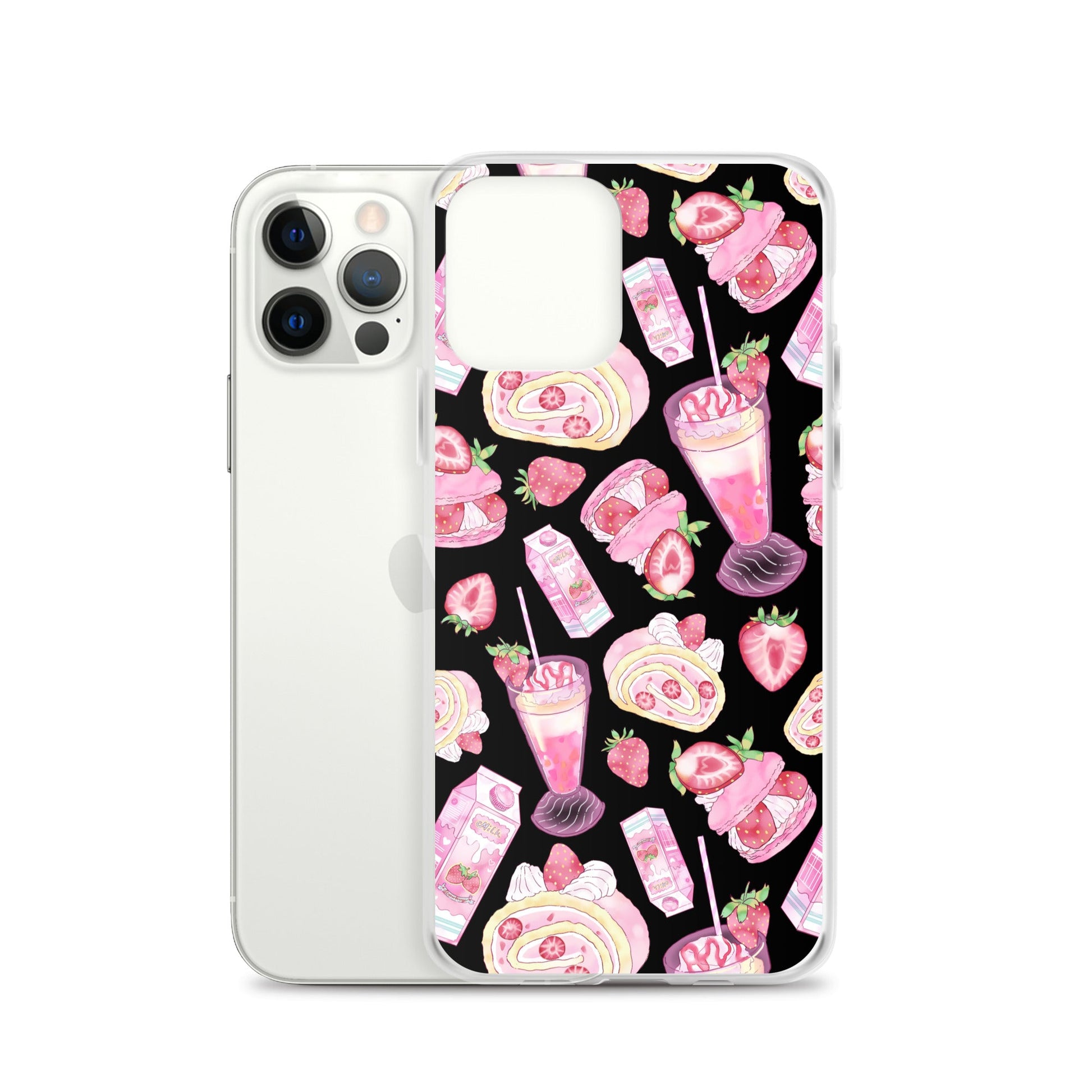 Stylish Strawberry iPhone® Clear Case featuring dessert motifs, perfect for protecting your phone in style.