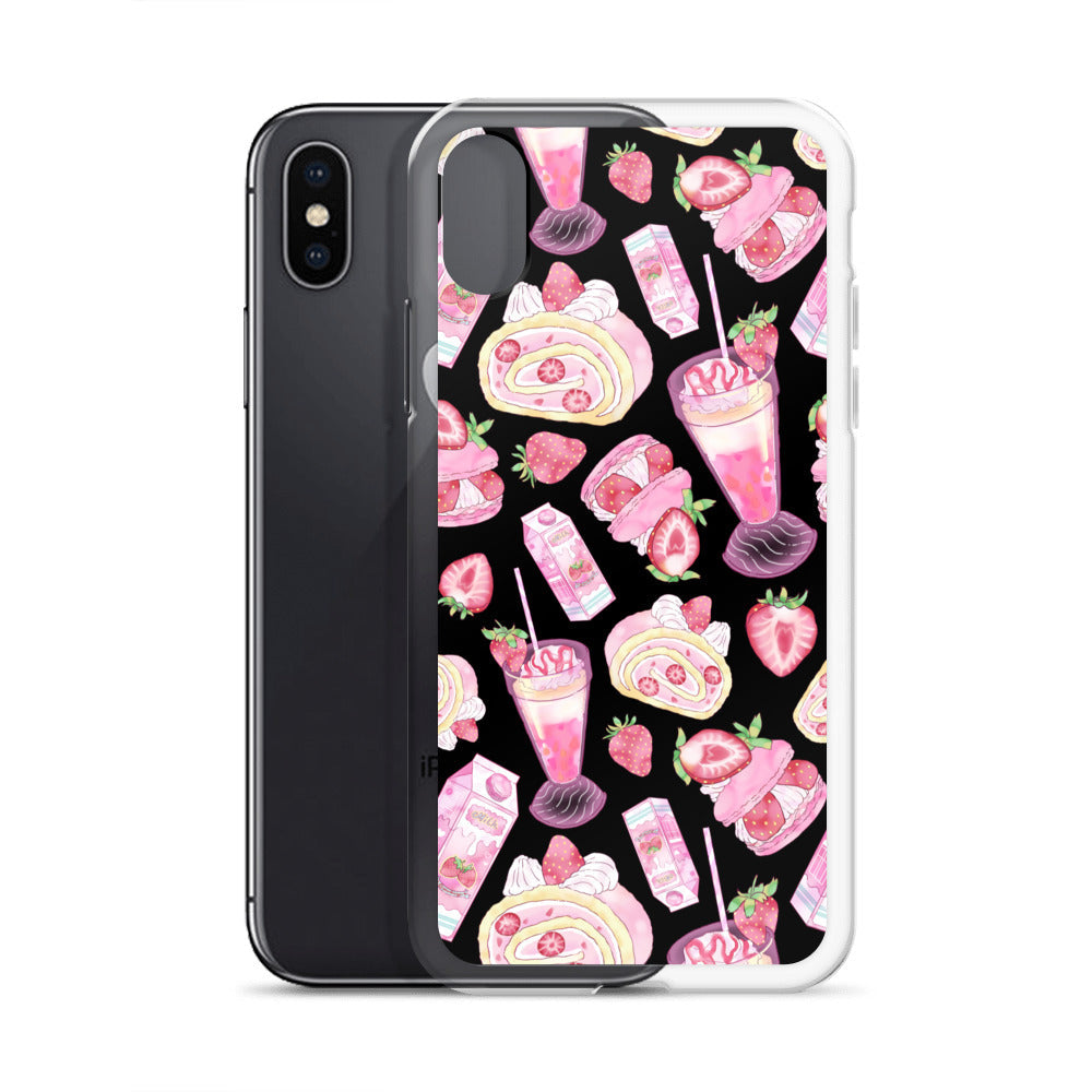 Stylish Strawberry iPhone® Clear Case featuring a fun dessert pattern on a sleek black background. Perfect for any aesthetic!