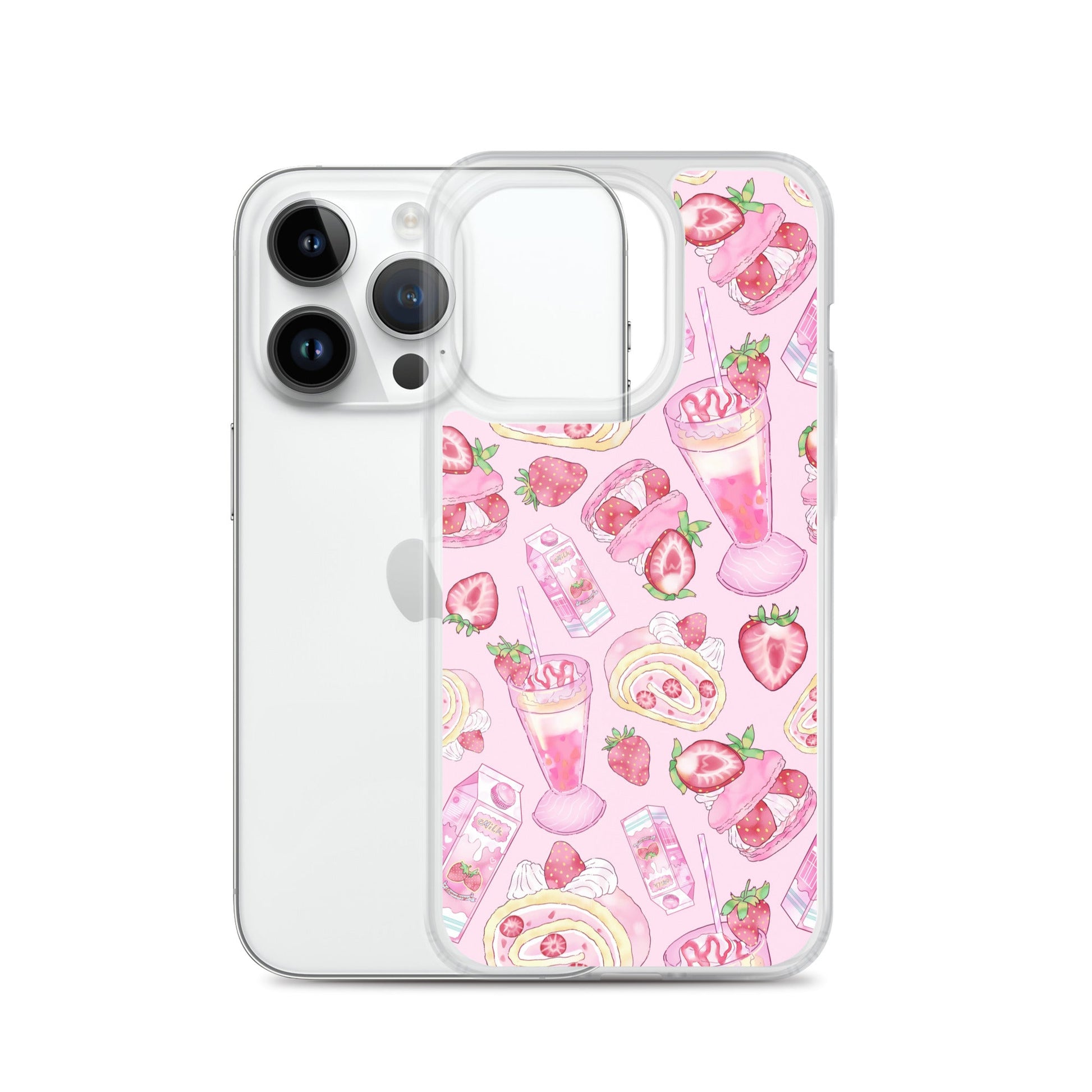 Colorful Strawberry iPhone® Clear Case showcasing a fun dessert pattern, perfect for style and protection.