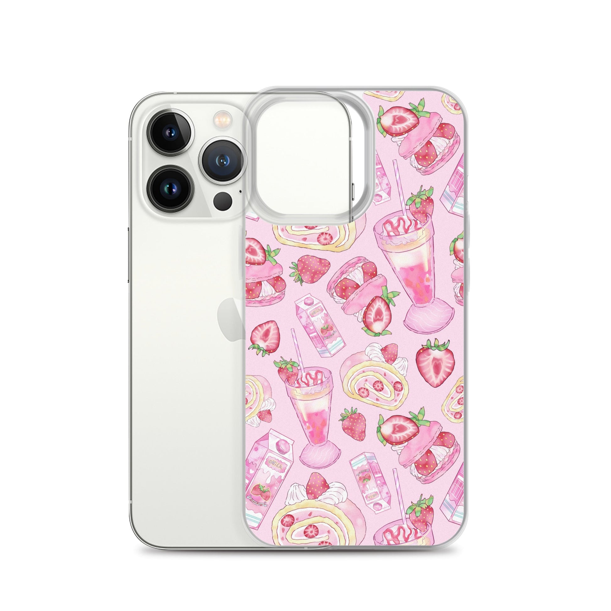Stylish Strawberry iPhone® Clear Case featuring pink dessert patterns, perfect for protecting your phone with flair.