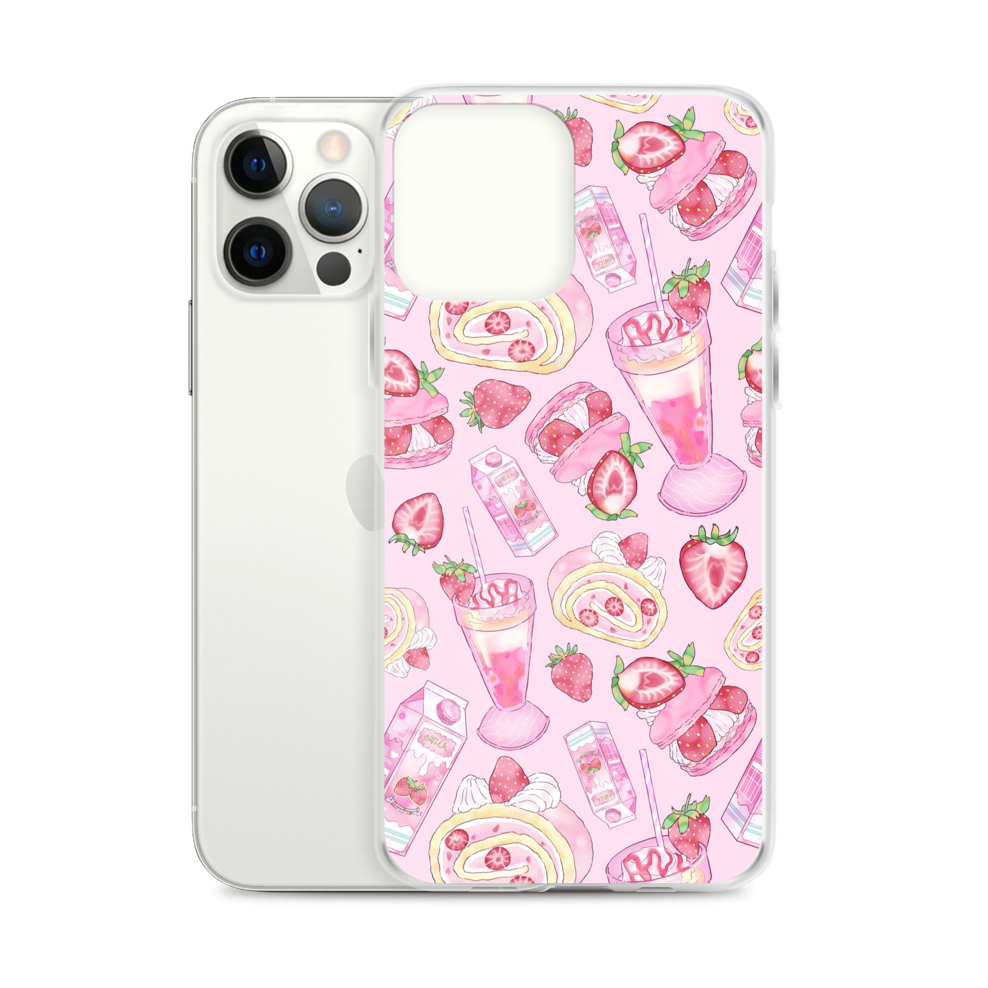 Sleek Strawberry iPhone® Clear Case with a vibrant pink dessert pattern for stylish protection against scratches.