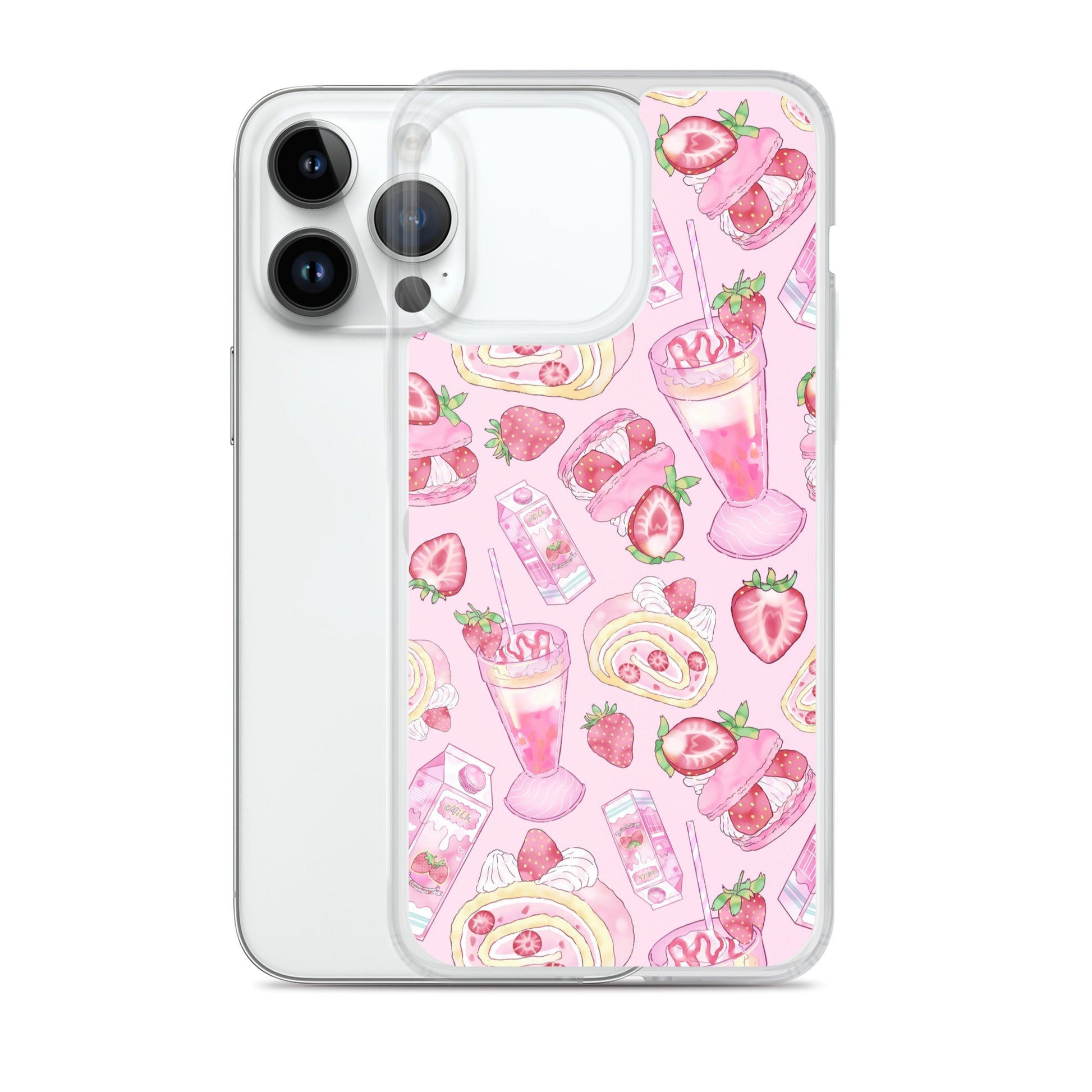 Stylish Strawberry iPhone® Clear Case showcasing a pink dessert pattern, perfect for dessert lovers and phone protection.