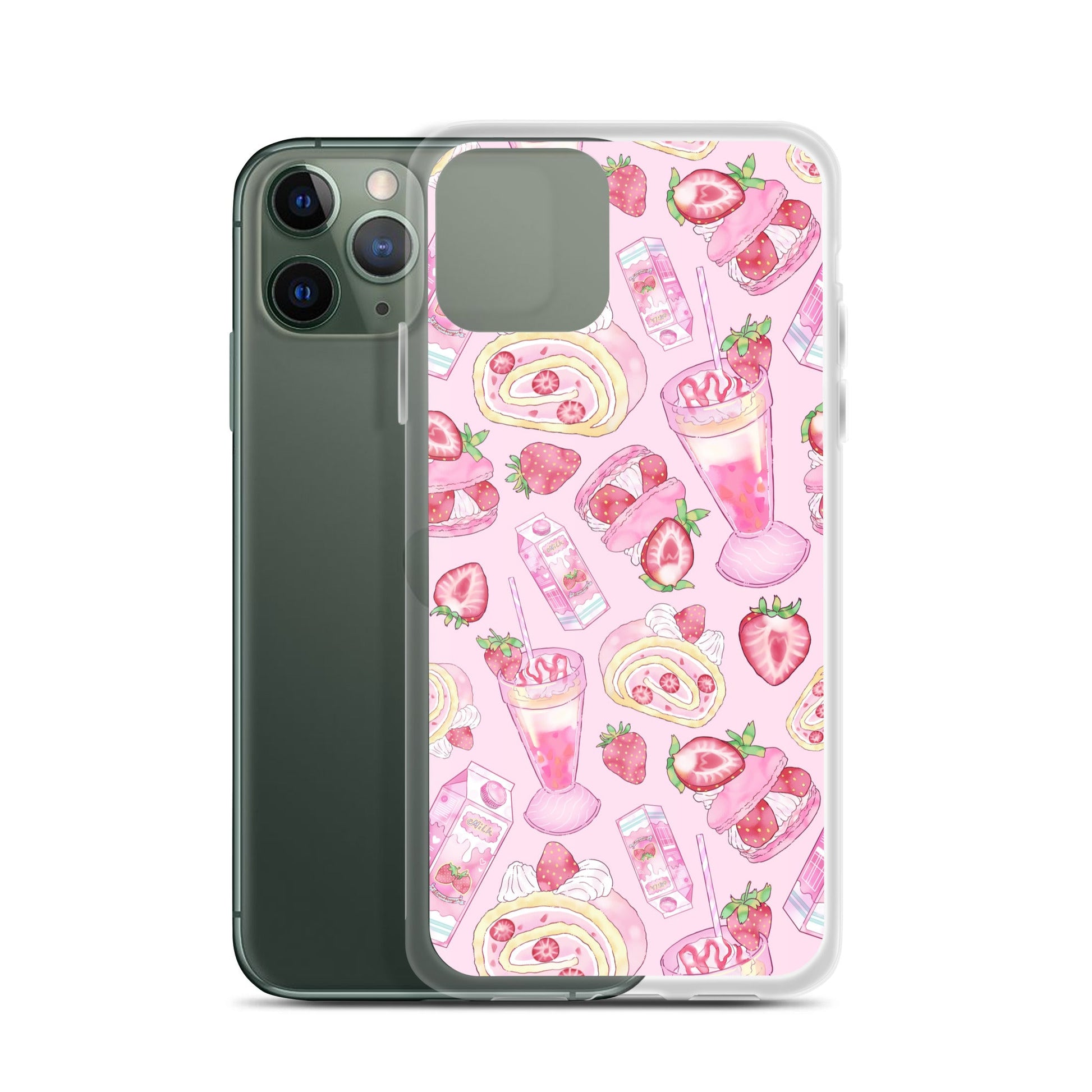 Sleek Strawberry iPhone® Clear Case featuring a pink dessert pattern for stylish protection against scratches and dirt.