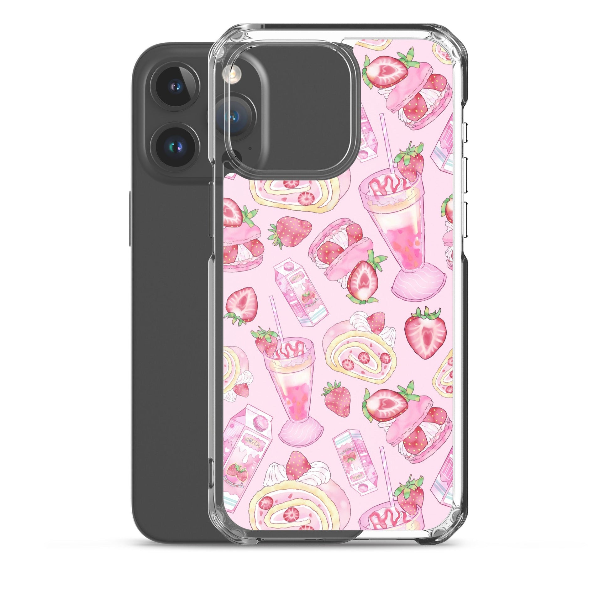 Sleek Strawberry iPhone® Clear Case with a pink dessert pattern, perfect for style and protection.