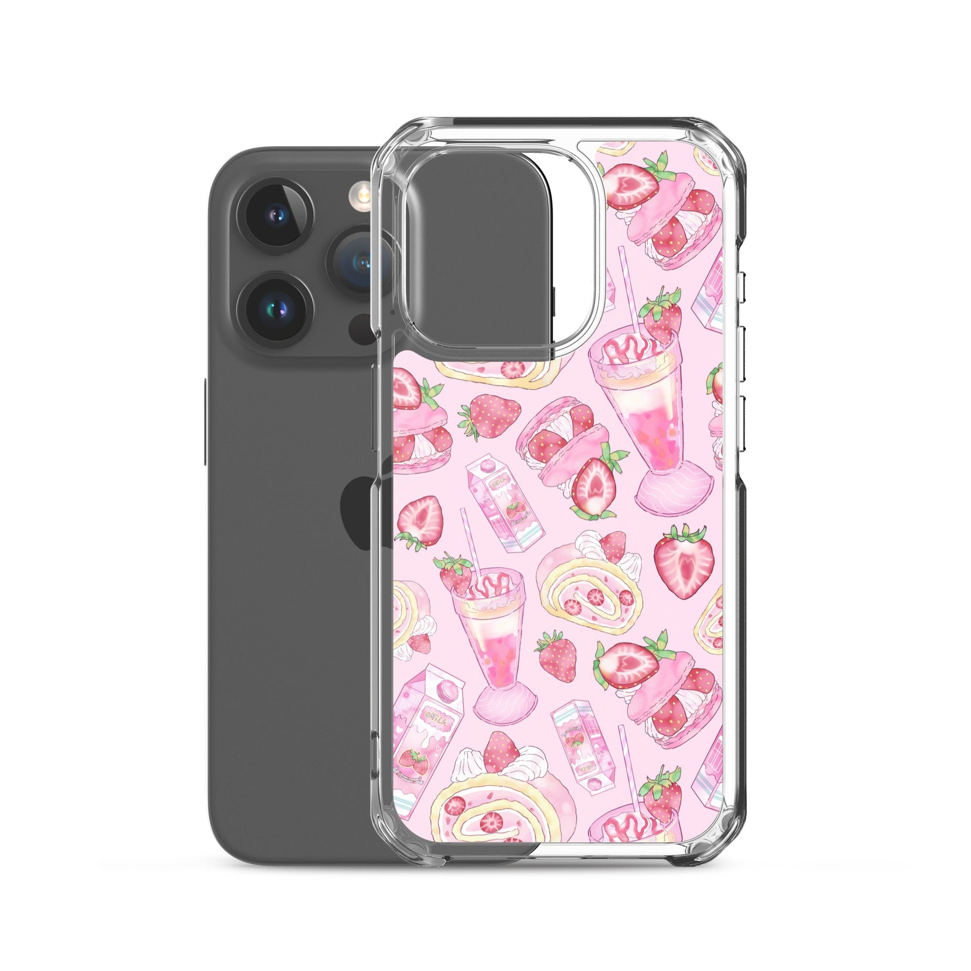 Showcasing the Strawberry iPhone® Clear Case with a fun dessert design, perfect for stylish protection.