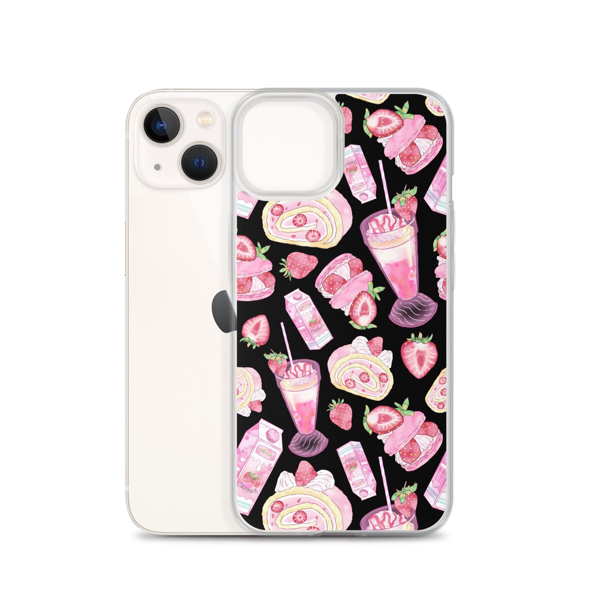 Colorful Strawberry iPhone® Clear Case featuring a dessert pattern, perfect for protecting your phone in style.