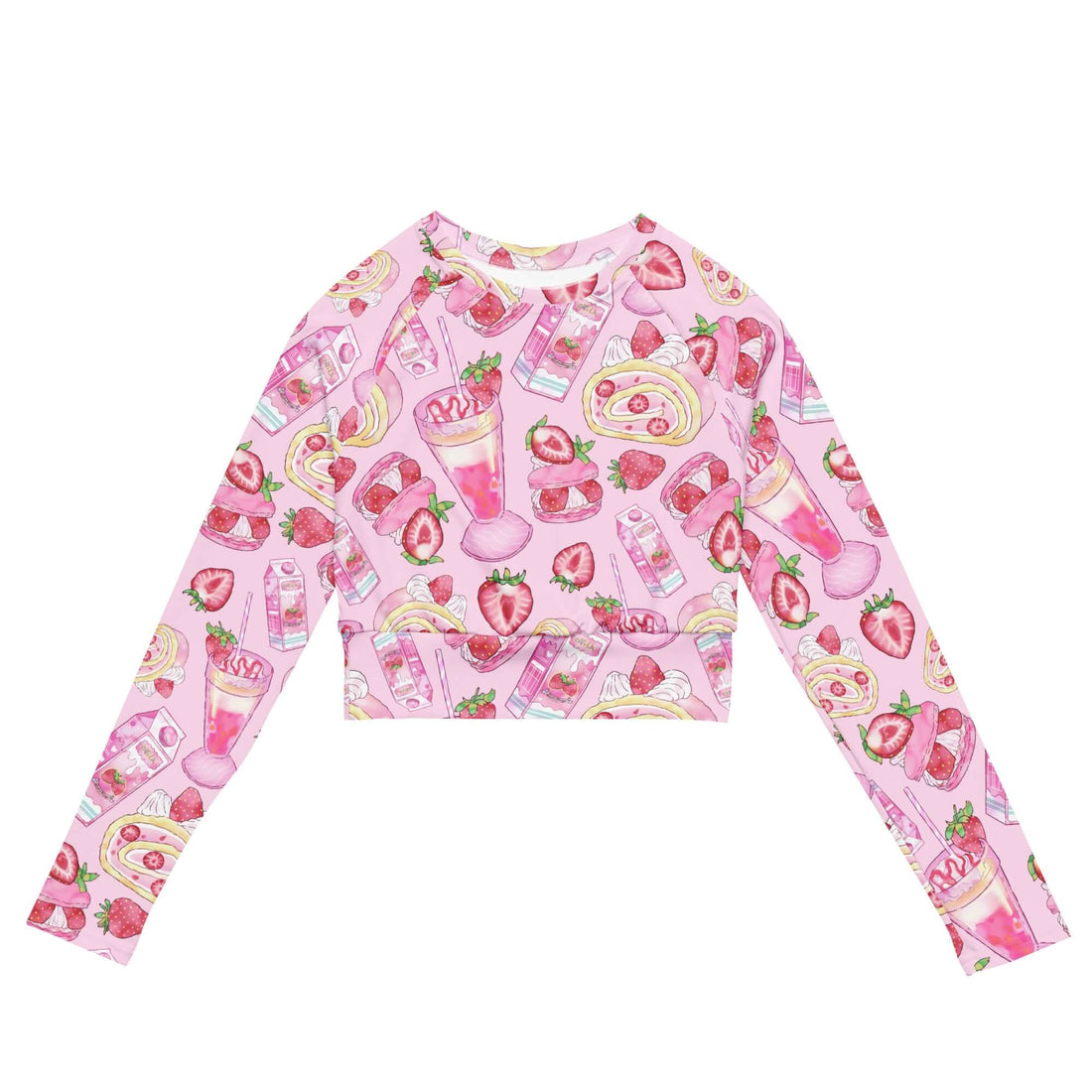 Stylish Strawberry Long-sleeved Crop Top, made from recycled materials, perfect for lounging or sports.
