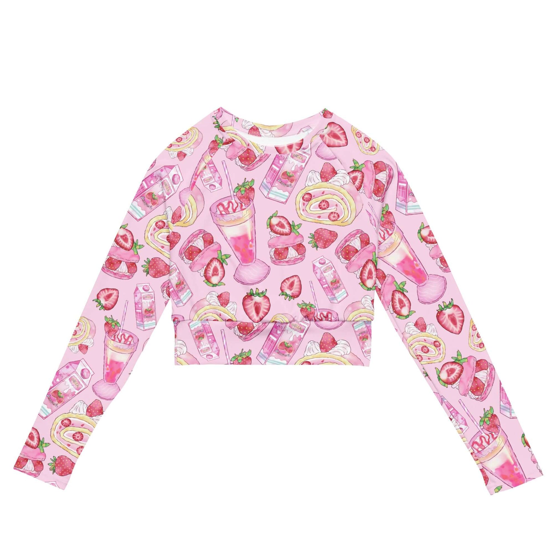 Stylish Strawberry Long-sleeved Crop Top, made from recycled materials, perfect for lounging or sports.