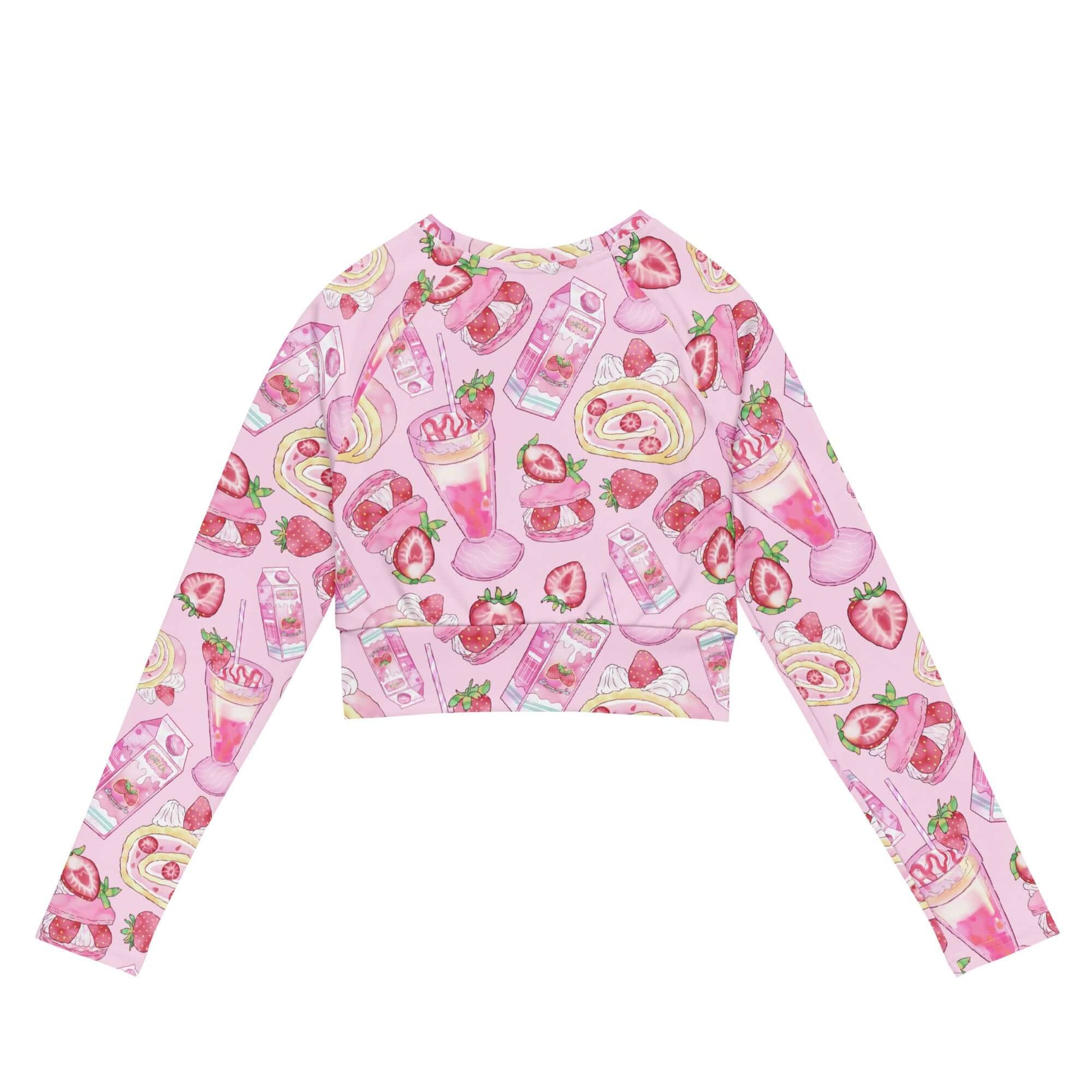 Stylish Strawberry Long-sleeved Crop Top made from recycled materials for eco-friendly fashion. Perfect for lounging or sports.