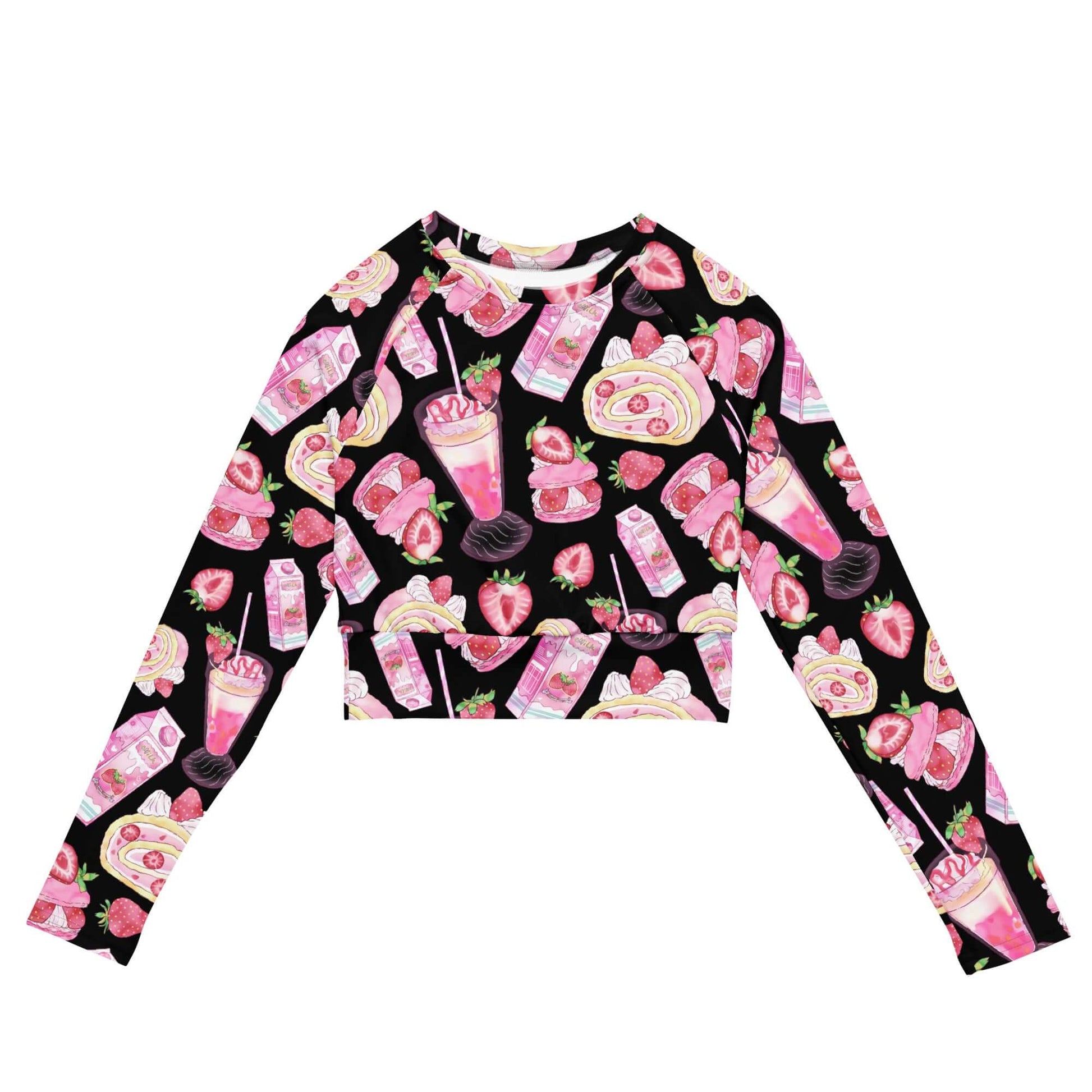 Stylish Strawberry Long-sleeved Crop Top featuring eco-friendly materials, perfect for lounging or active days.