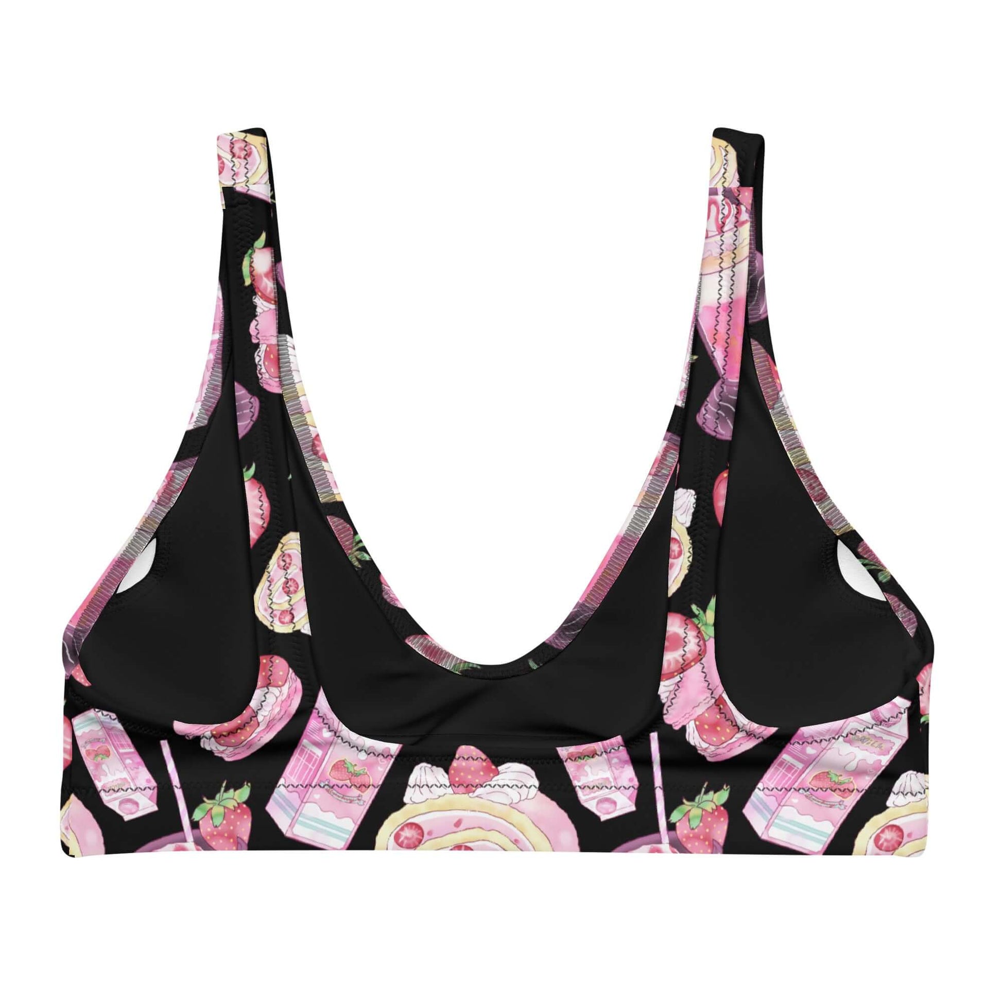 Pastel pink Strawberry Padded Bikini Top featuring a cute print, perfect for achieving a kawaii summer look.