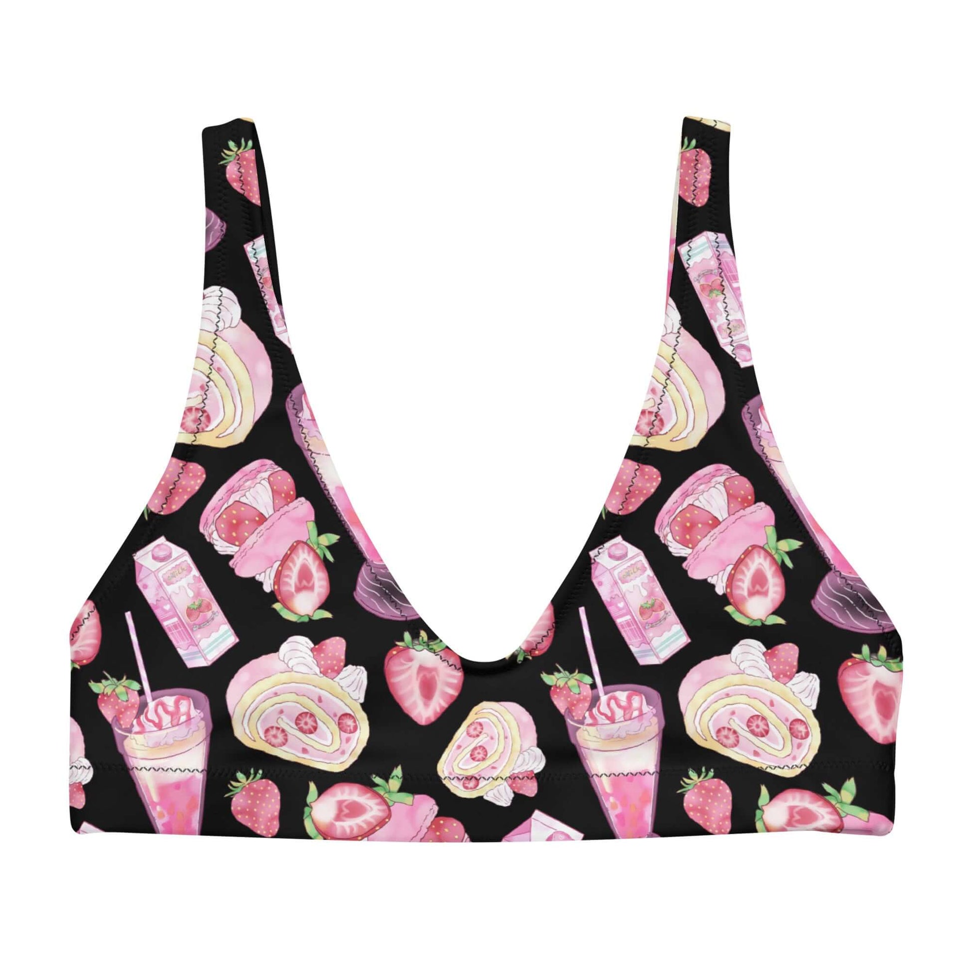 Stylish Strawberry Padded Bikini Top featuring a playful pastel design, perfect for a kawaii aesthetic this summer.