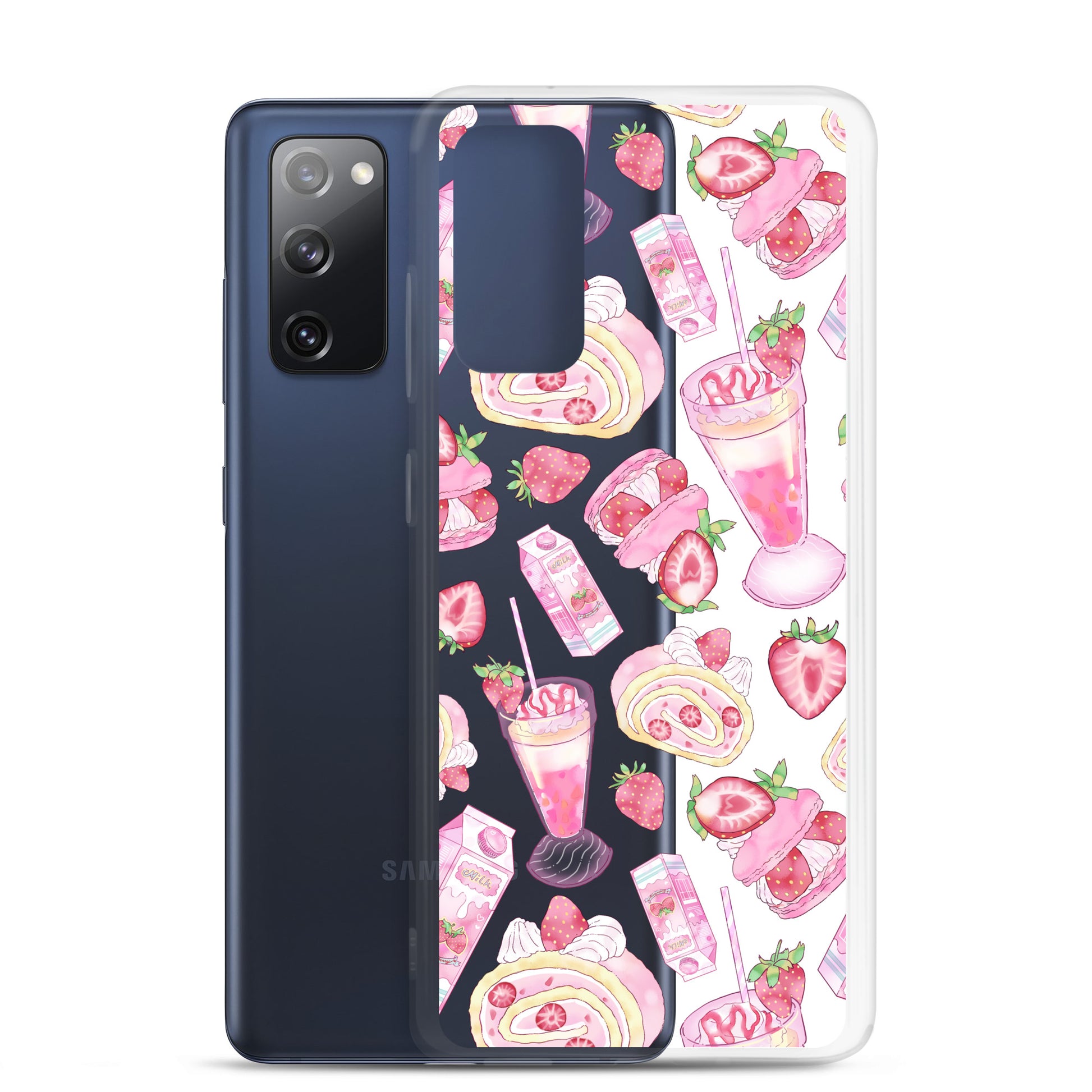 Stylish Strawberry Samsung® Clear Case featuring dessert patterns, perfect for protecting your phone in style.