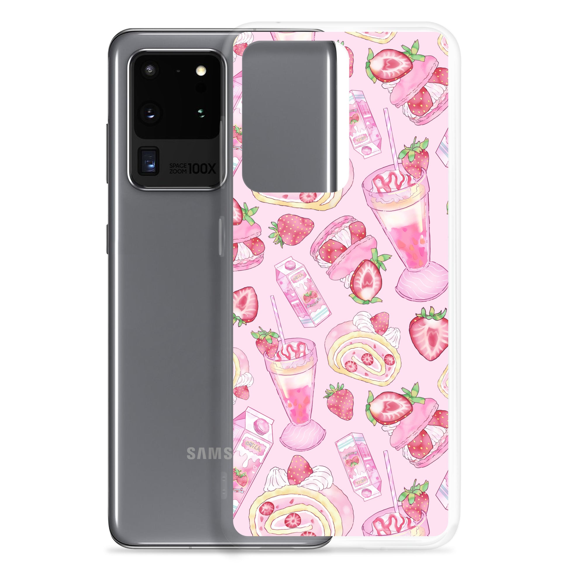 Stylish Strawberry Samsung® Clear Case features a dessert-themed design for trendy phone protection and aesthetic appeal.