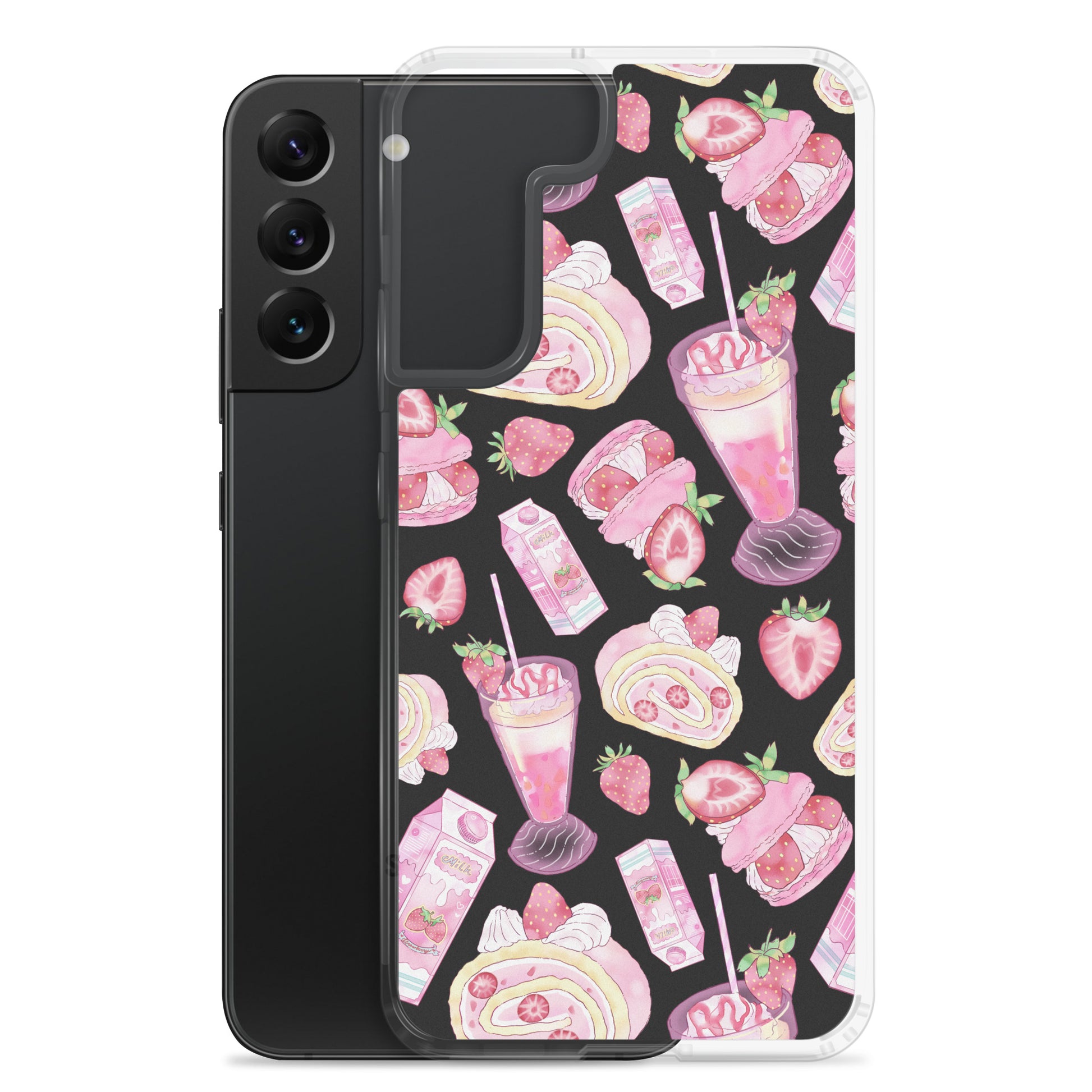 Stylish Strawberry Samsung® Clear Case featuring a dessert pattern, perfect for protecting your phone with flair.