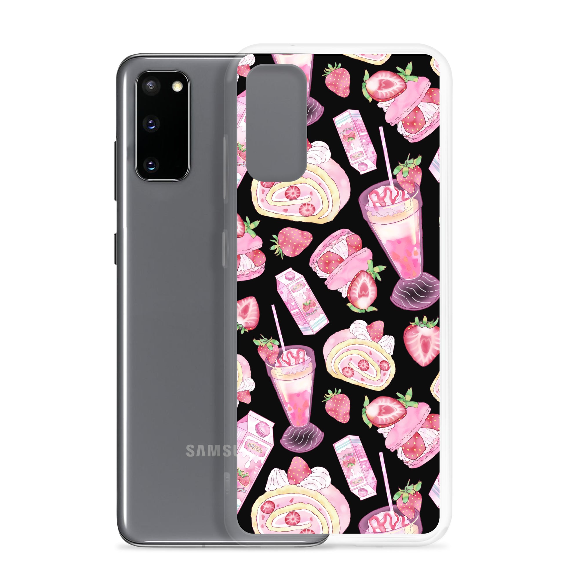 Stylish Strawberry Samsung® Clear Case featuring a dessert pattern, perfect for protecting your phone in style.