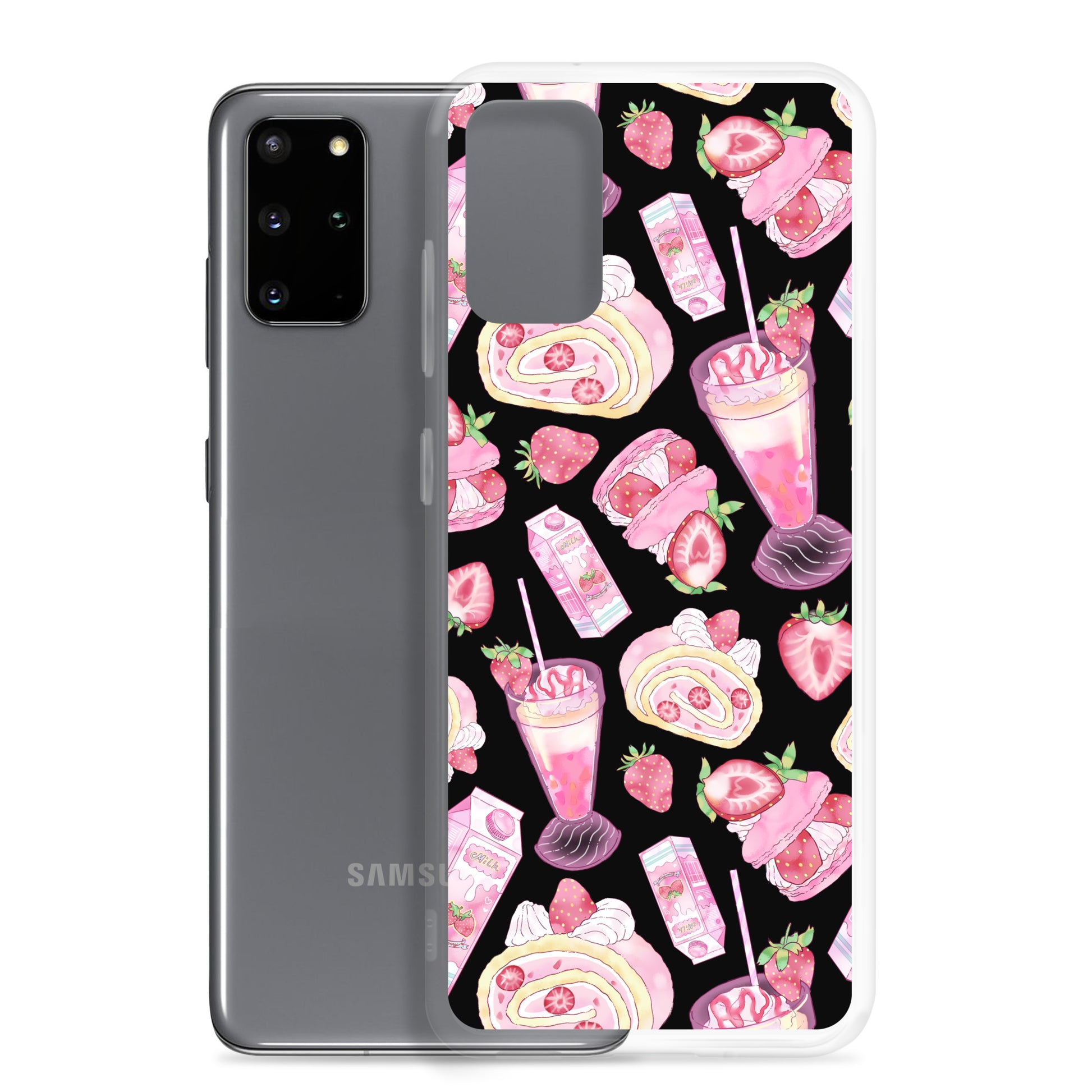 Stylish Strawberry Samsung® Clear Case features a fun dessert pattern in pink and black, perfect for dessert lovers.