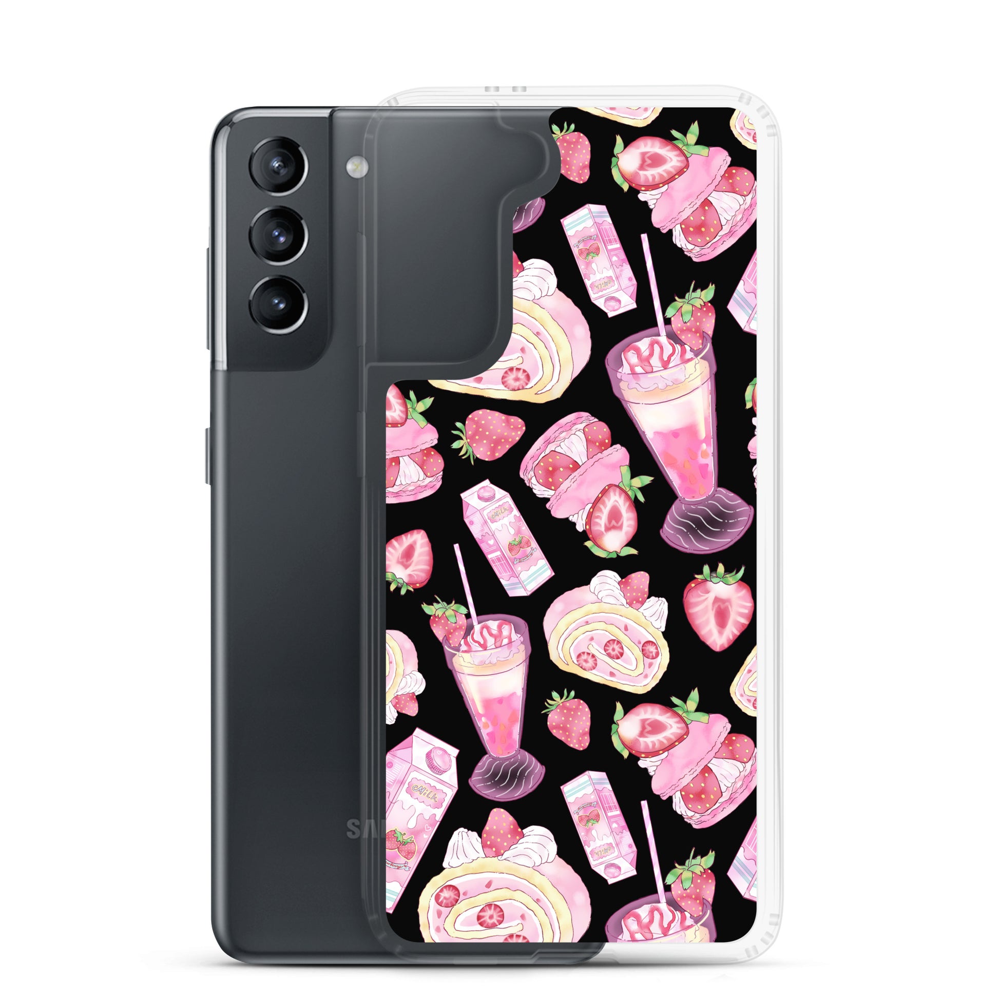Stylish Strawberry Samsung® Clear Case showcases fun dessert designs, perfect for protecting your phone in style.