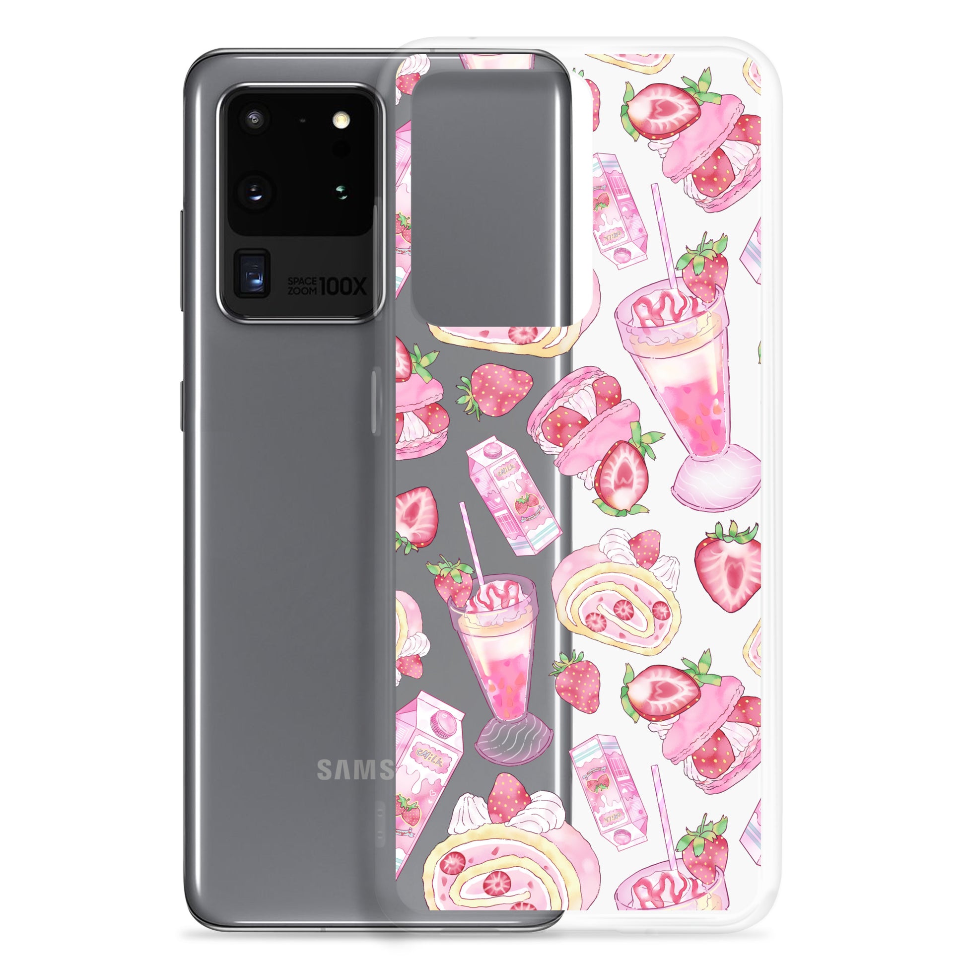 Stylish Strawberry Samsung® Clear Case featuring a fun fruit pattern, perfect for protecting your phone in style.
