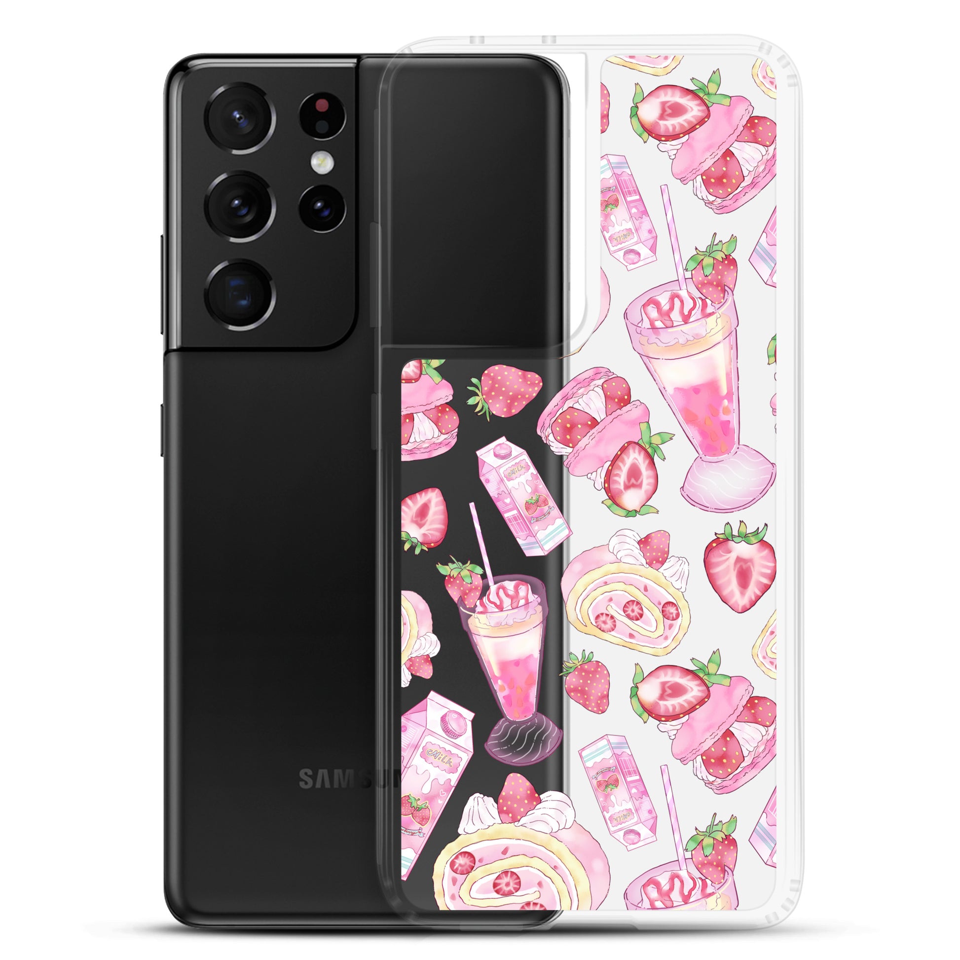 Stylish Strawberry Samsung® Clear Case showcases dessert designs while protecting your phone from daily wear.