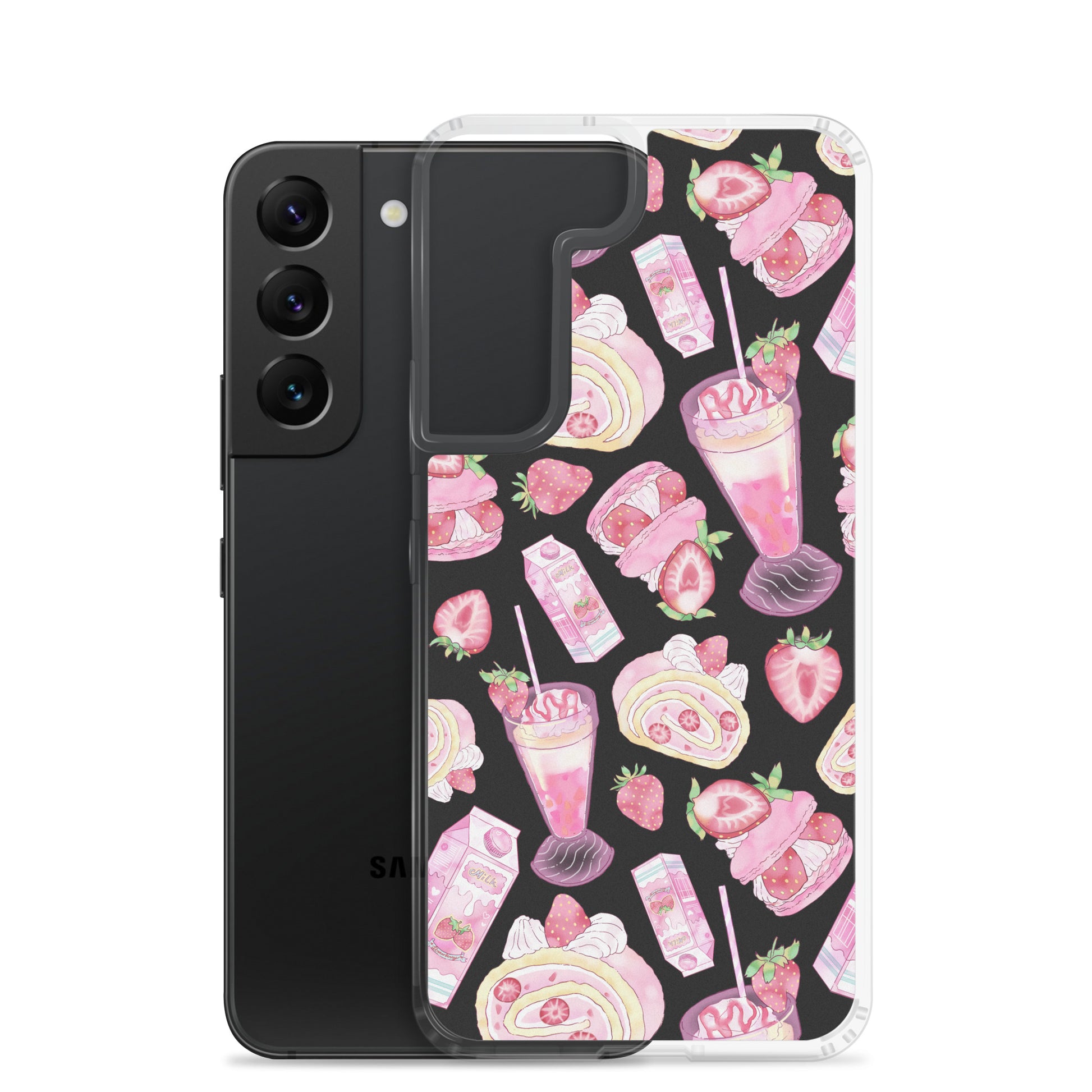 Stylish Strawberry Samsung® Clear Case featuring a dessert pattern, perfect for protecting your phone with flair.