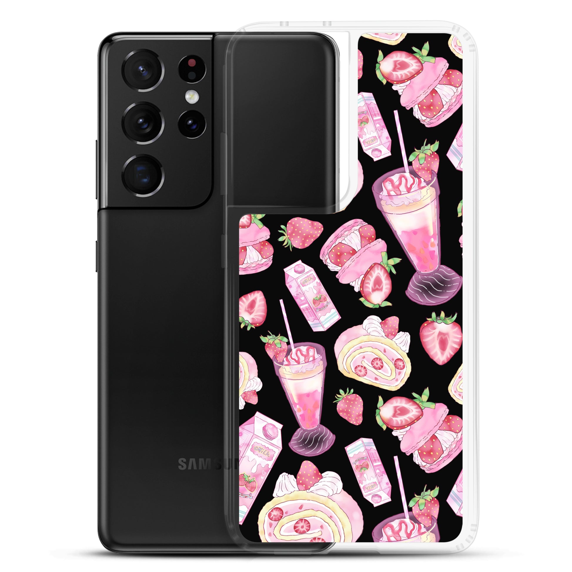 Stylish Strawberry Samsung® Clear Case showcases desserts on a black background, perfect for dessert lovers' phones.