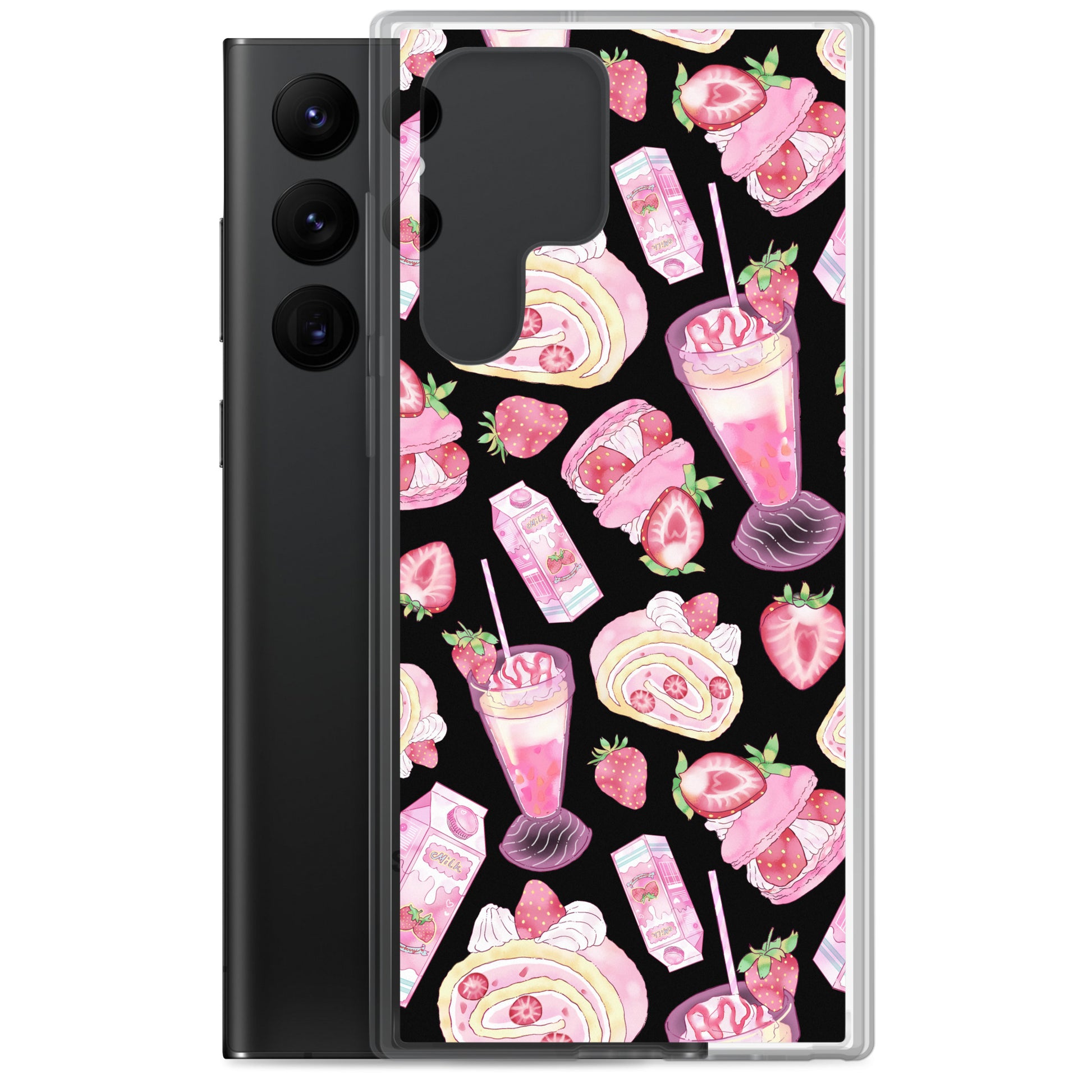 Stylish Strawberry Samsung® Clear Case featuring dessert designs, perfect for protecting your phone while showcasing fun aesthetics.