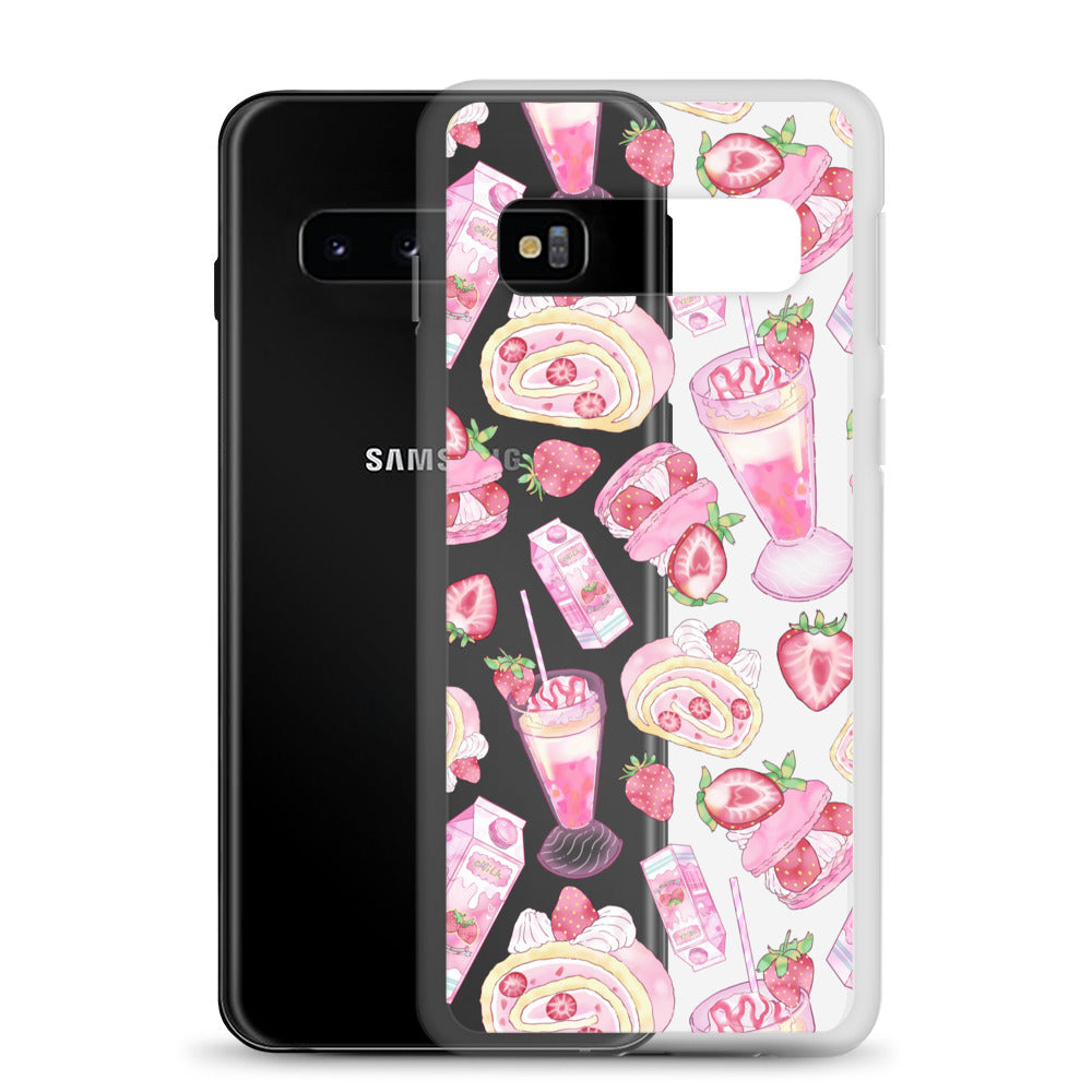 Colorful Strawberry Samsung® Clear Case features dessert patterns, protecting your phone in style. Perfect for dessert lovers!