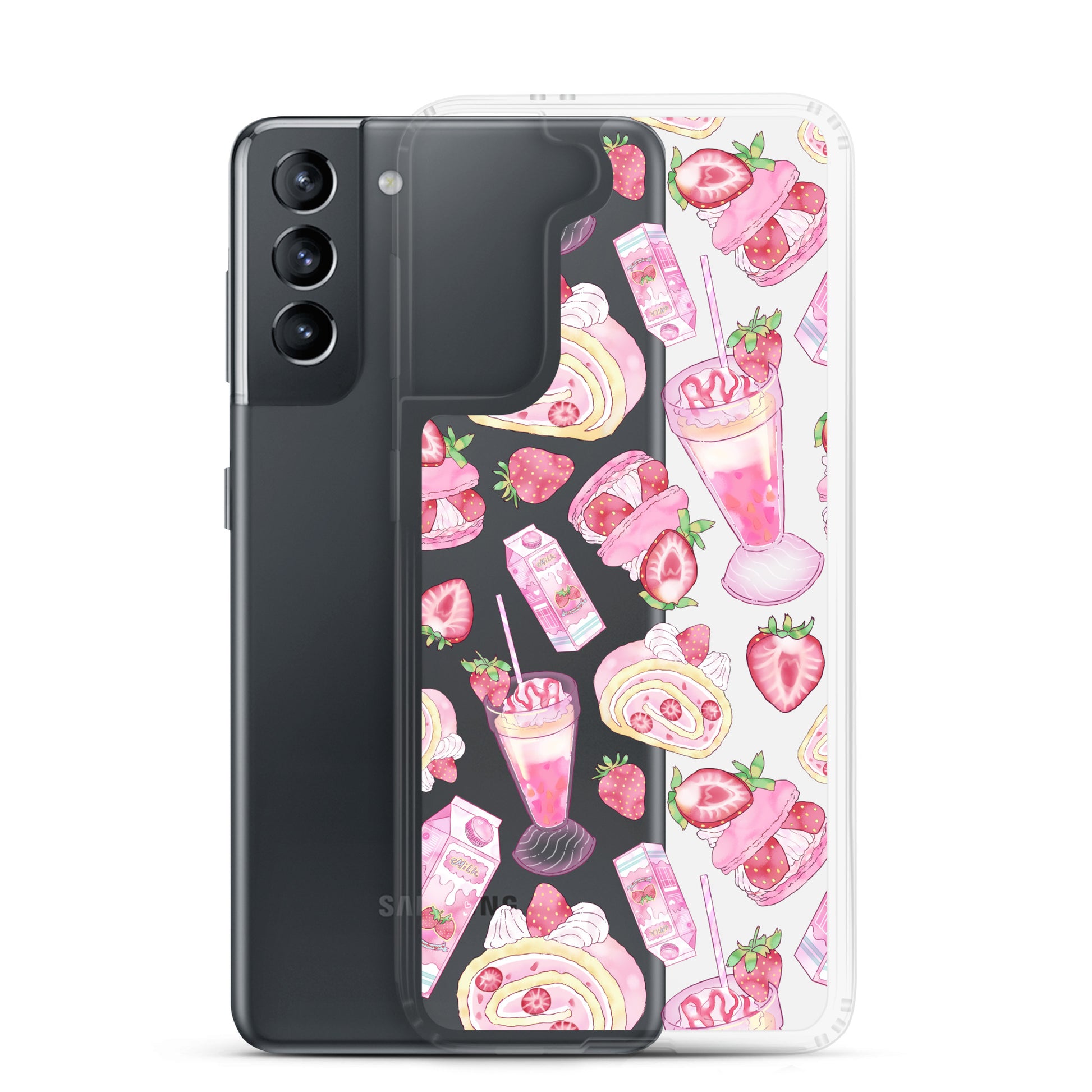 Stylish Strawberry Samsung® Clear Case showcases dessert designs, enhancing protection and aesthetic for your phone.