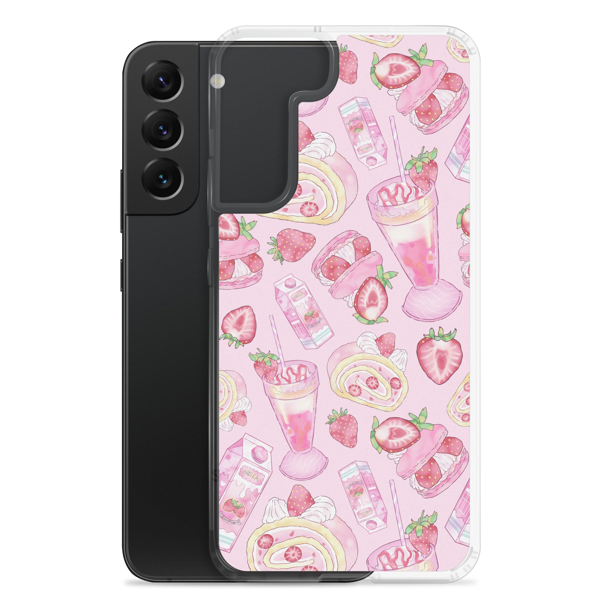 Colorful Strawberry Samsung® Clear Case featuring a delightful pink dessert pattern for stylish protection.
