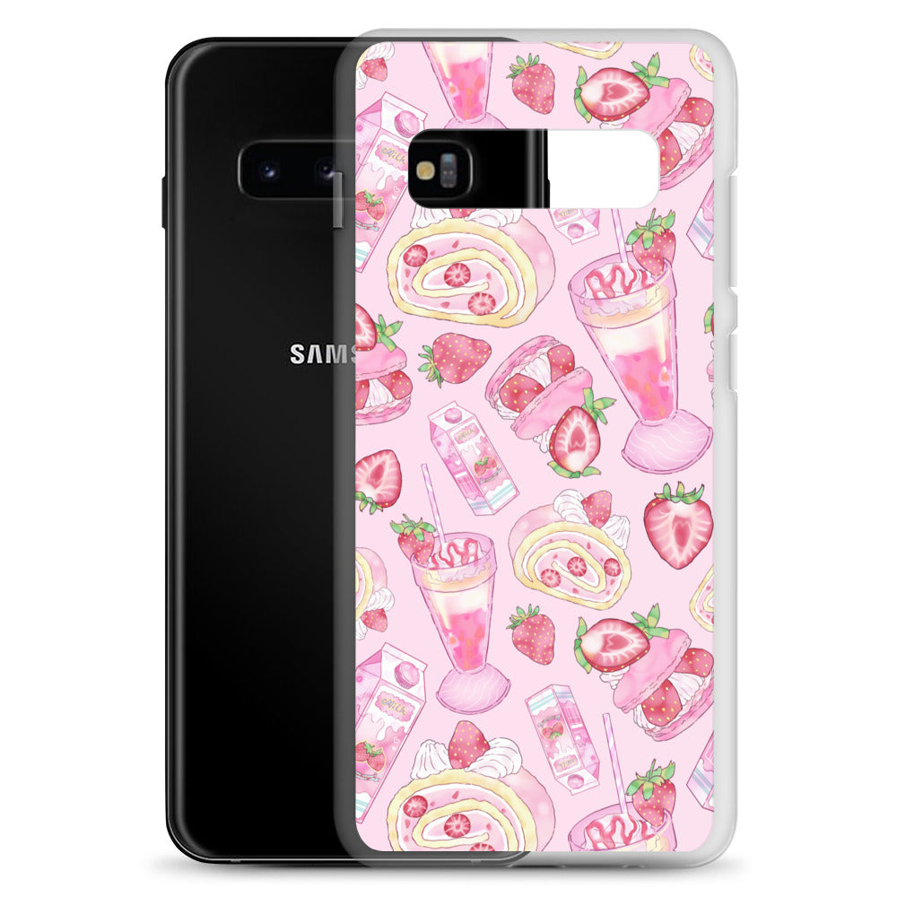 Stylish Strawberry Samsung® Clear Case featuring a delightful pink dessert pattern, perfect for protecting your phone.